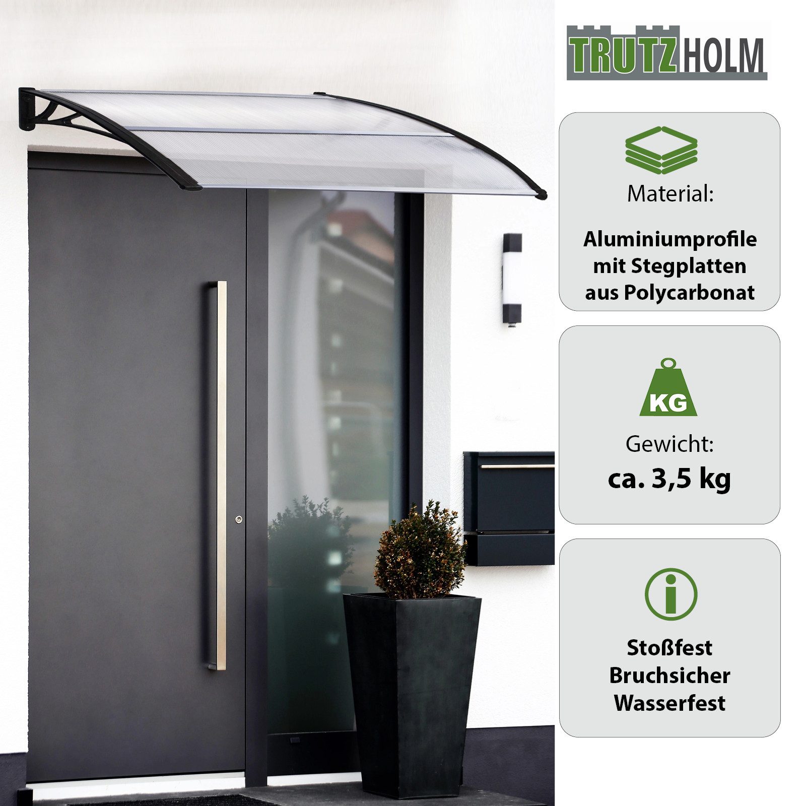 TRUTZHOLM Vordach Haustürvordach Hohlkammerplatte Aluabschlussleiste schwarz Pultvordach (1 St), 75x120 cm