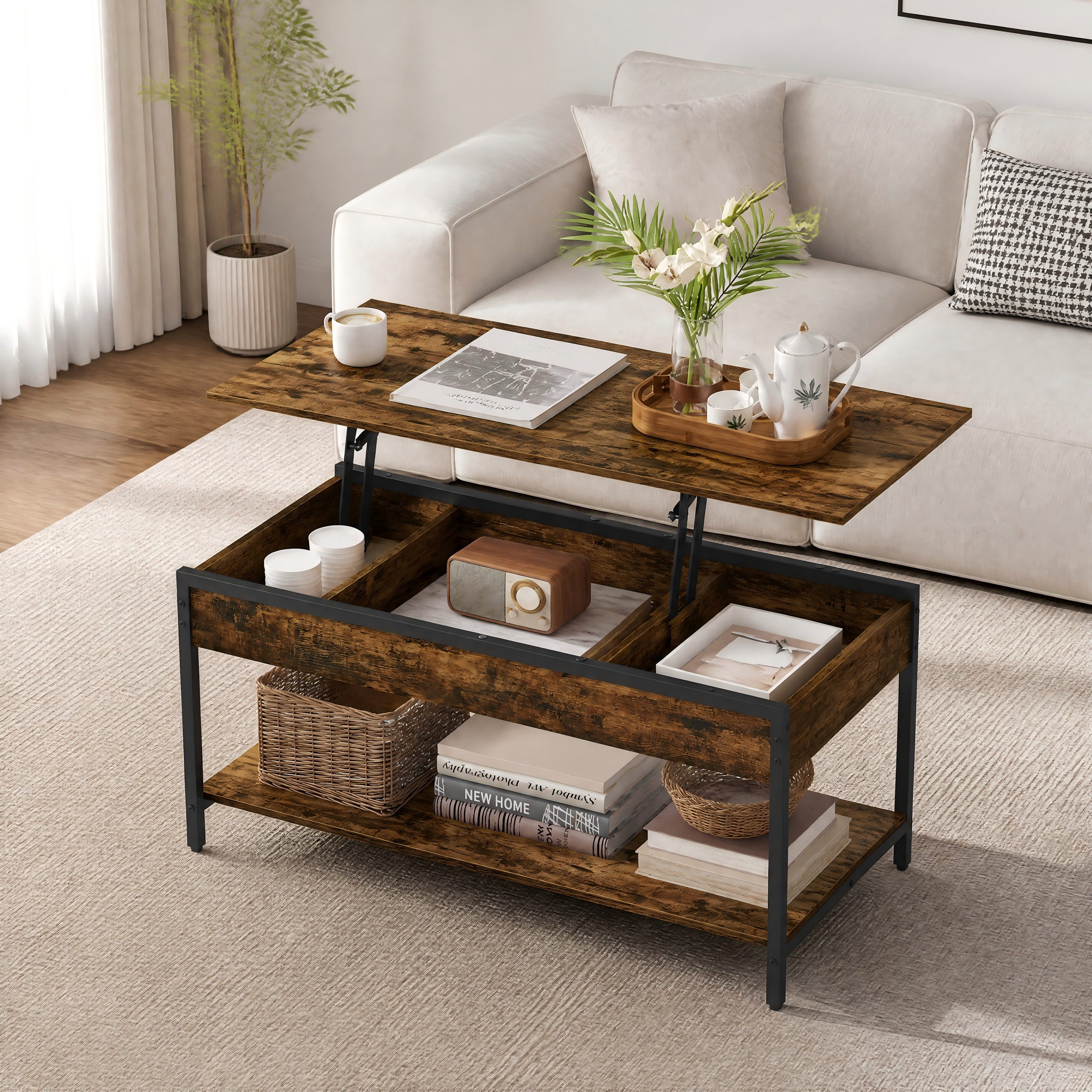 VASAGLE Couchtisch Wohnzimmertisch, höhenverstellbar, aufklappbar, mit Stauraum (für Home Office, inkl. Zubehörpaket & Anleitung), Stahl, Industrial, 50 x 100 x (48-63) cm