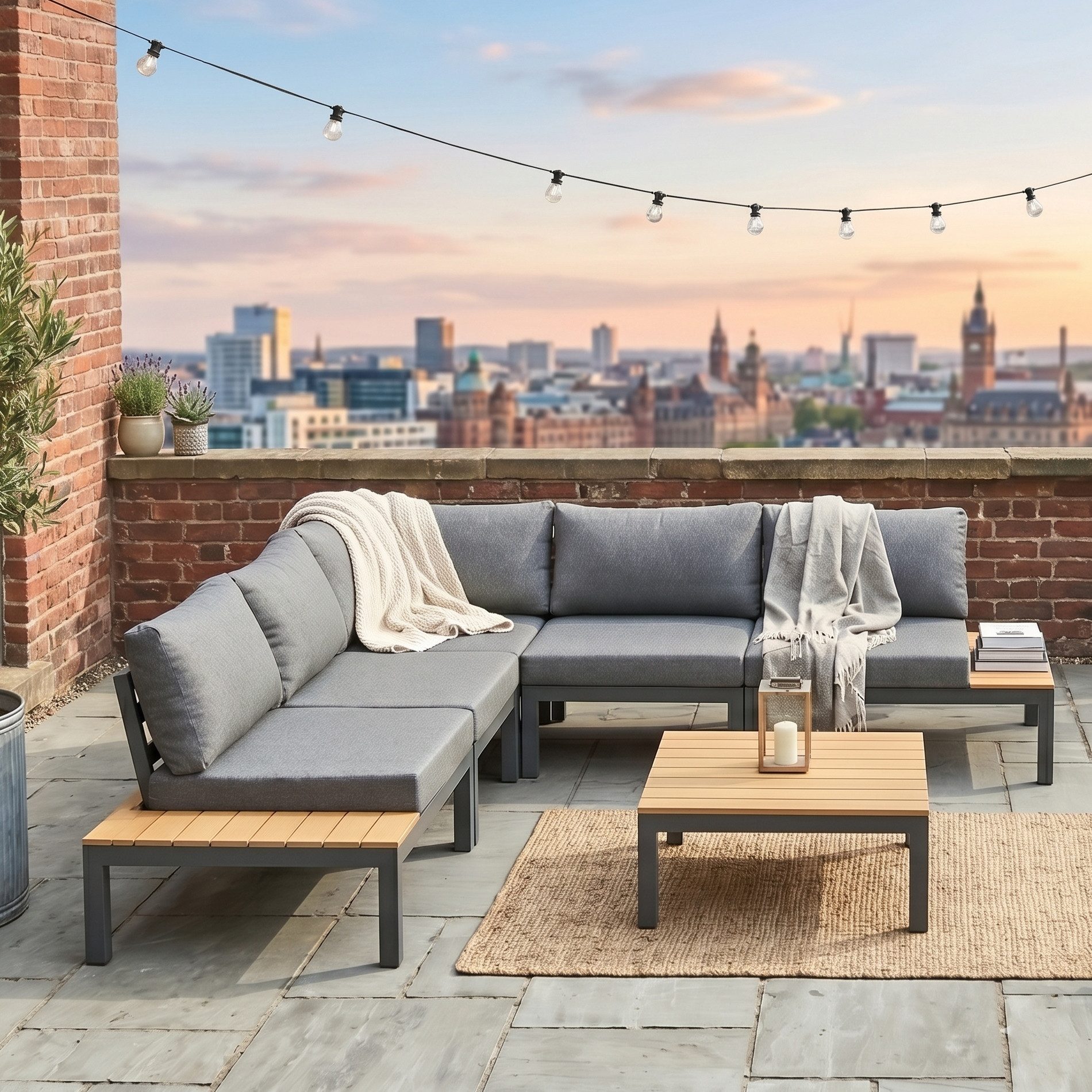Liadomo Gartenlounge-Set San Carlo, Gartensofa mit Tisch und Ablagen, zum Sitzen und Liegen, (Loungeset für 4 Personen, 6-tlg., modulare Ecklounge mit Loungetisch), Teakholz-Ablagen und -Tischplatte
