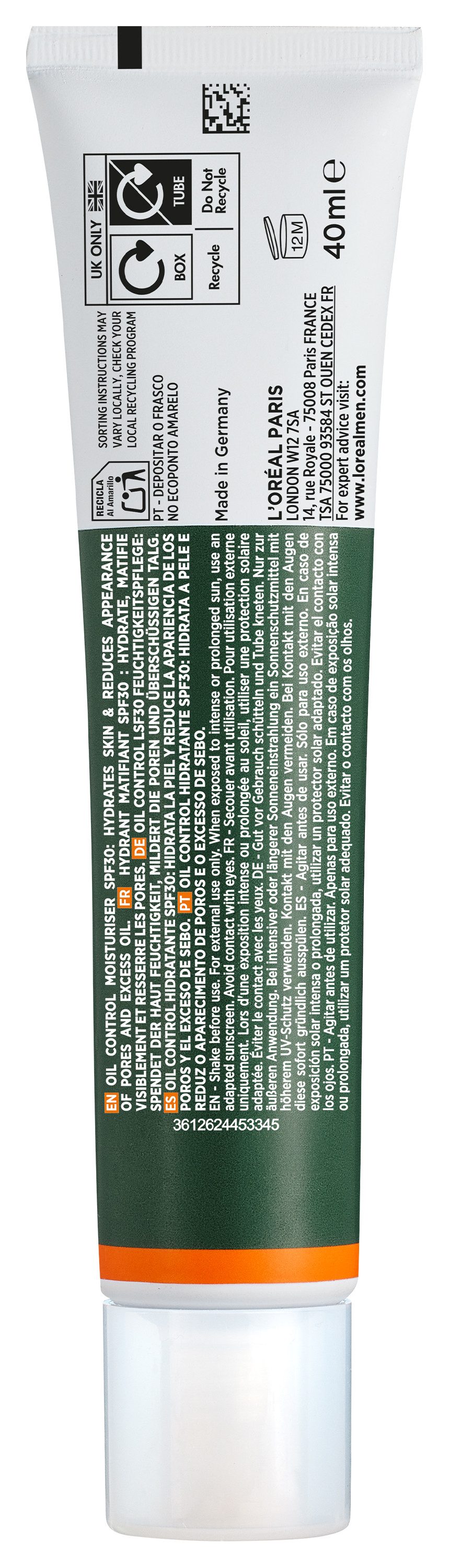 L'ORÉAL PARIS MEN EXPERT Hautcreme DERMA CONTROL OIL-CONTROL LSF30 FEUCHTIGKEITSPFLEGE, LSF 30, behandelt fettige und zu Unreinheiten neigende Haut.
