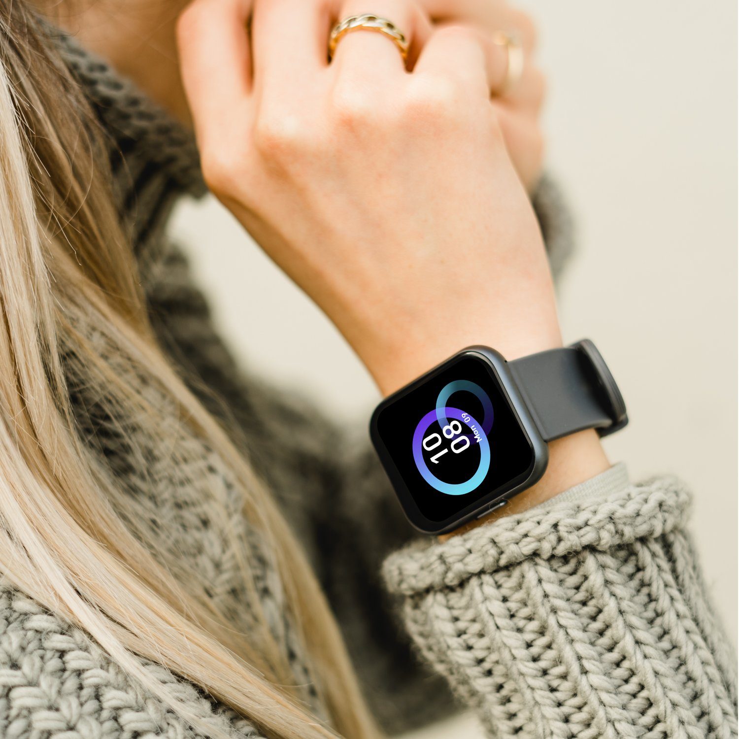 XCOAST IVE 2 Anthrazit Fitnesstracker und Smartwatch (BxLxH: 3,8x4,4x1,1 cm/Farb-Touchdisplay 1,69 Zoll, iOS und Android), 3-tlg., 70 verschiedene Ziffernblätter, Nachrichtenanzeige, Blutdruck, Puls, Blutsauerstoff, Kalorien, 21 Sportmodi, Schlafmonitor s
