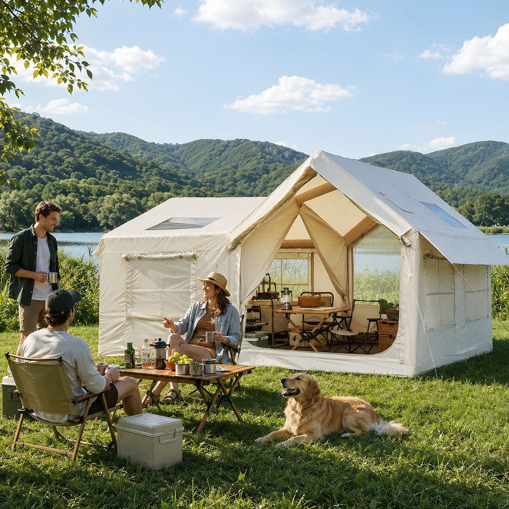 Meulbaty aufblasbares Zelt Aufblasbare Zelte für Camping (10-12 Personen Sonderformen), Personen: 12 (1 tlg., mit Luftpumpe, Kaminöffnung, Gampingzelt aus Oxford-Stoff), Air Glamping Zelte für 4 Jahreszeiten Camping
