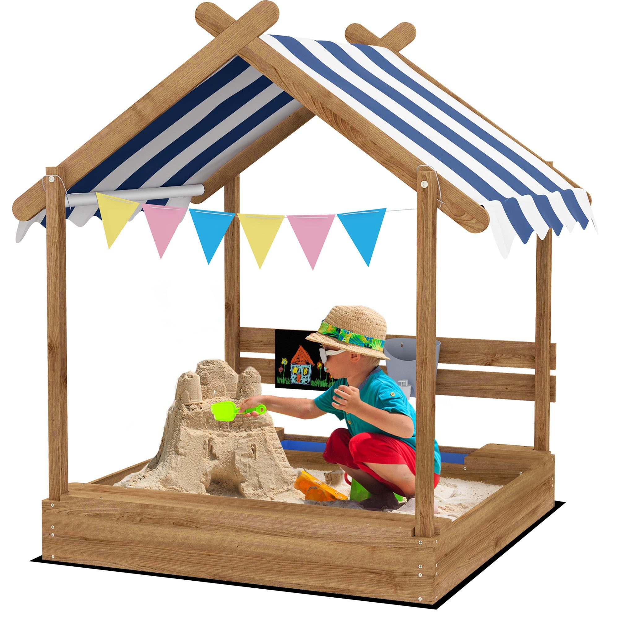 Outsunny Sandkasten Sandkiste mit Dach, aus Holz mit Sitzplatz, Garten, Braun, (Spielhaus, 1-tlg., Sandbox mit Tafel), für 3-7 Jahre Kinder, 124 x 116 x 146 cm