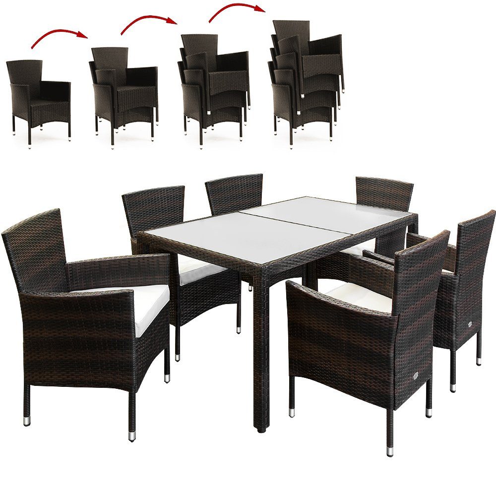 Casaria Sitzgruppe 6+1, Polyrattan 150x90cm Stühle stapelbare Auflagen 6 Gartentisch 7cm