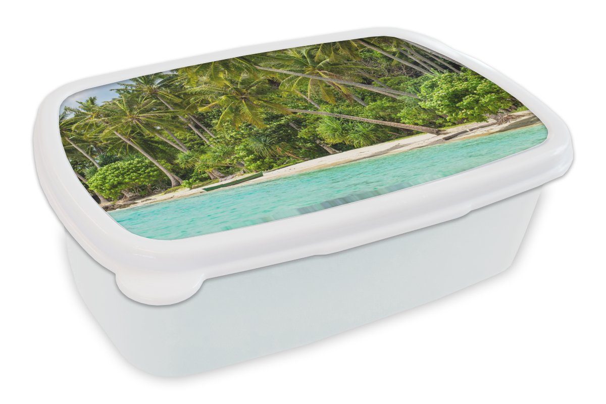 MuchoWow Lunchbox Palme - Meer - Tropisch, Kunststoff, (2-tlg), Brotbox für Kinder und Erwachsene, Brotdose, für Jungs und Mädchen weiß