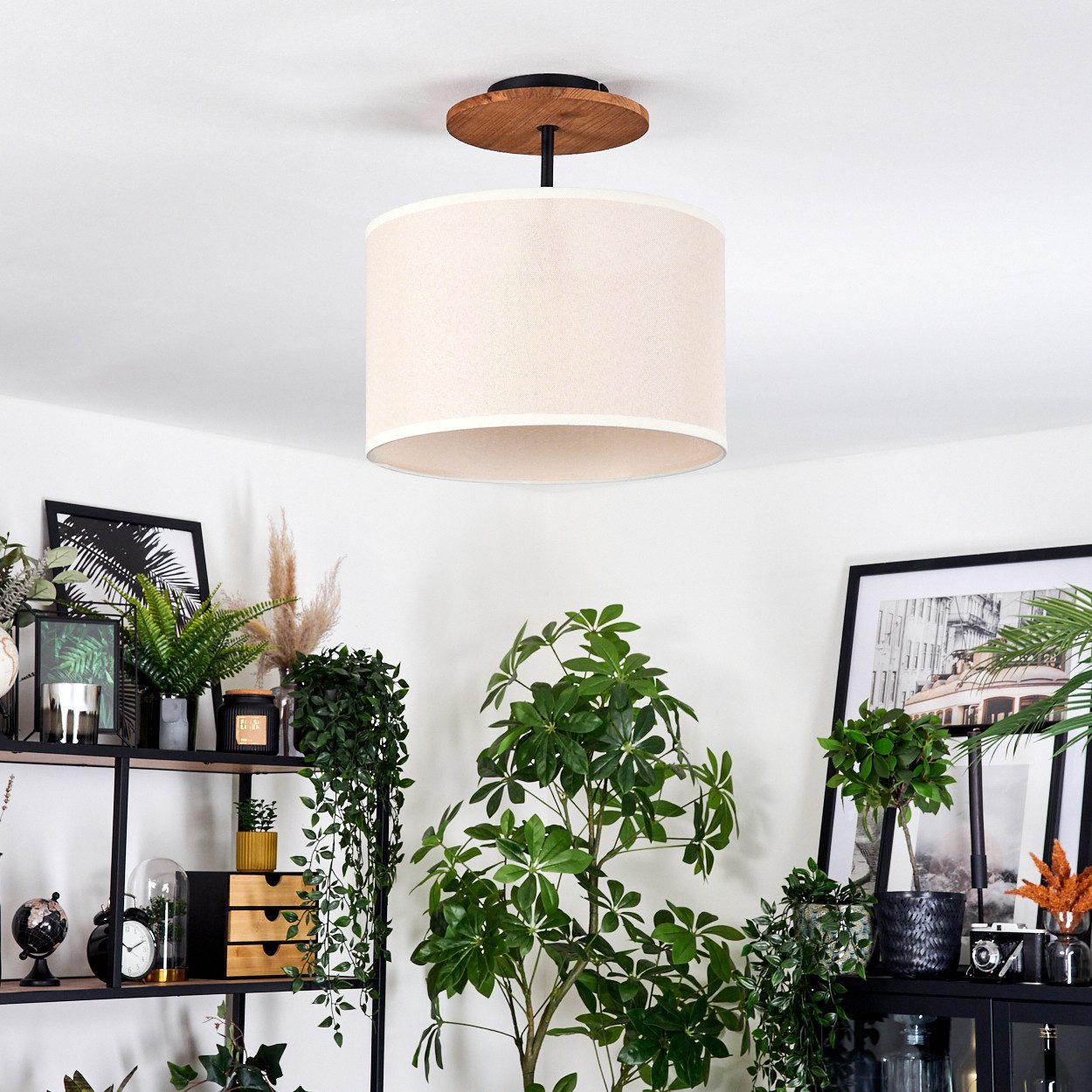 hofstein Stehlampe Deckenlampe aus Metall/Holz/Stoff in Schwarz/Natur/Beige günstig online kaufen