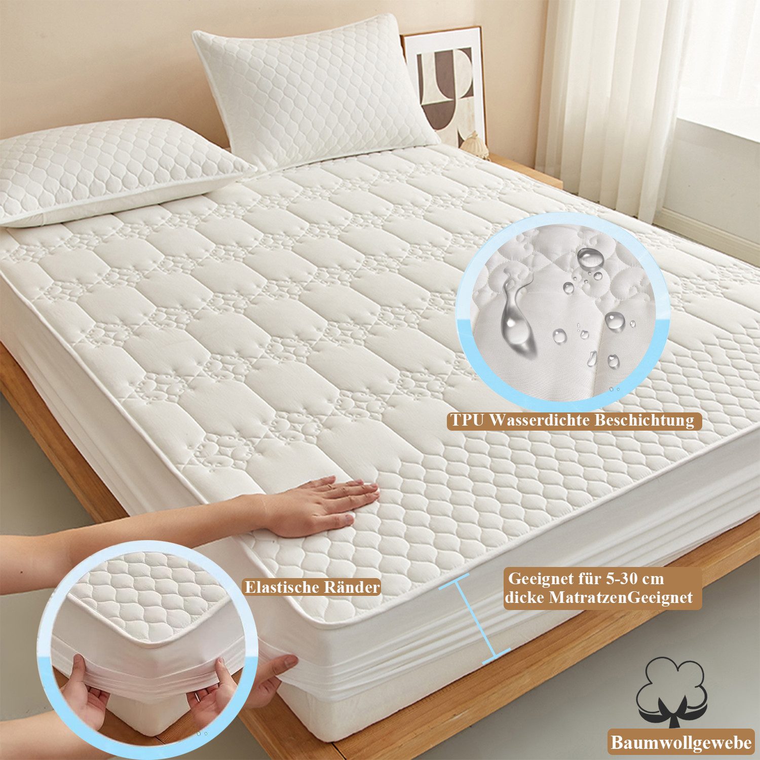 Matratzenauflage Wasserdicht Allergiker Baumwolle Matratzenschoner 90x200cm, 180x200cm ibettertec, Waschbar Anti Milben Allergiker Matratzenauflage mit Rundumbezug 