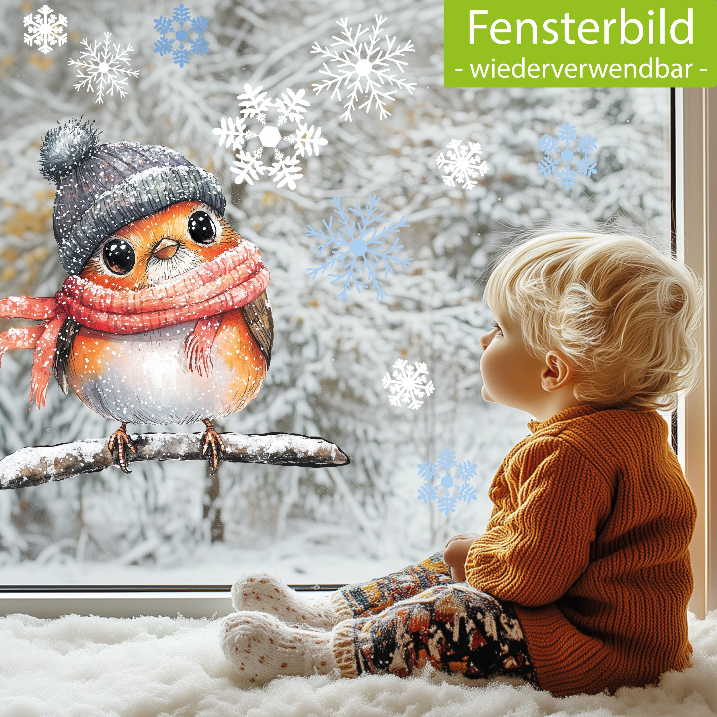 Sunnywall Fensterdekoration Kinderzimmer Fensterbild Winter Rotkehlchen günstig online kaufen