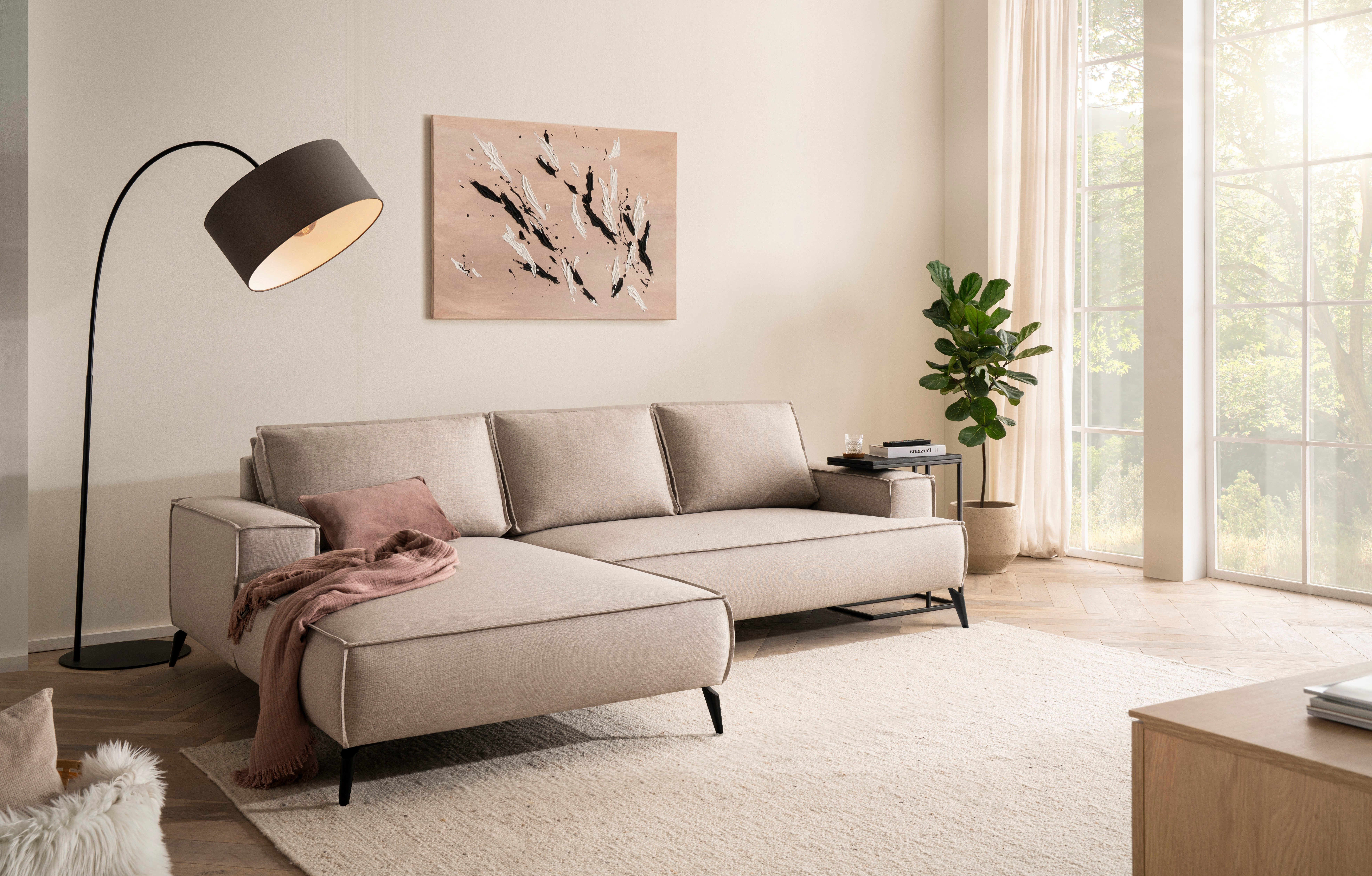 OTTO home Ecksofa TVINNU Leinenoptik, L-Form, Breite 275 cm, wahlweise Recamiere rechts/links, schwarze Füße, bequemer Sitzkomfort