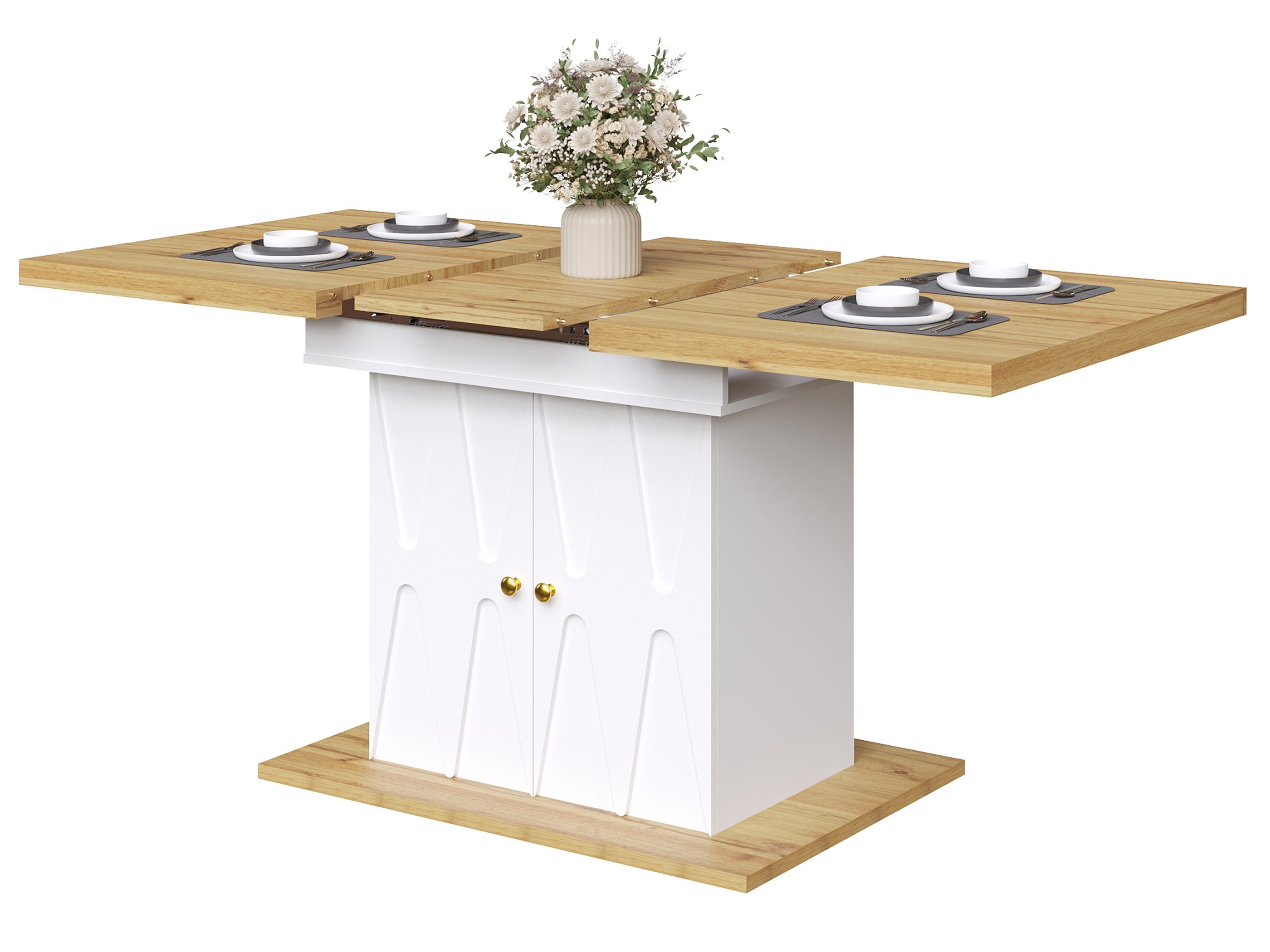 SeedWave Esstisch Ausziehbare Küchentisch mit 110-140cm Tischplatte, 2 Schranktüren, Säulentisch inkl. 2 geschlossene Staufächer