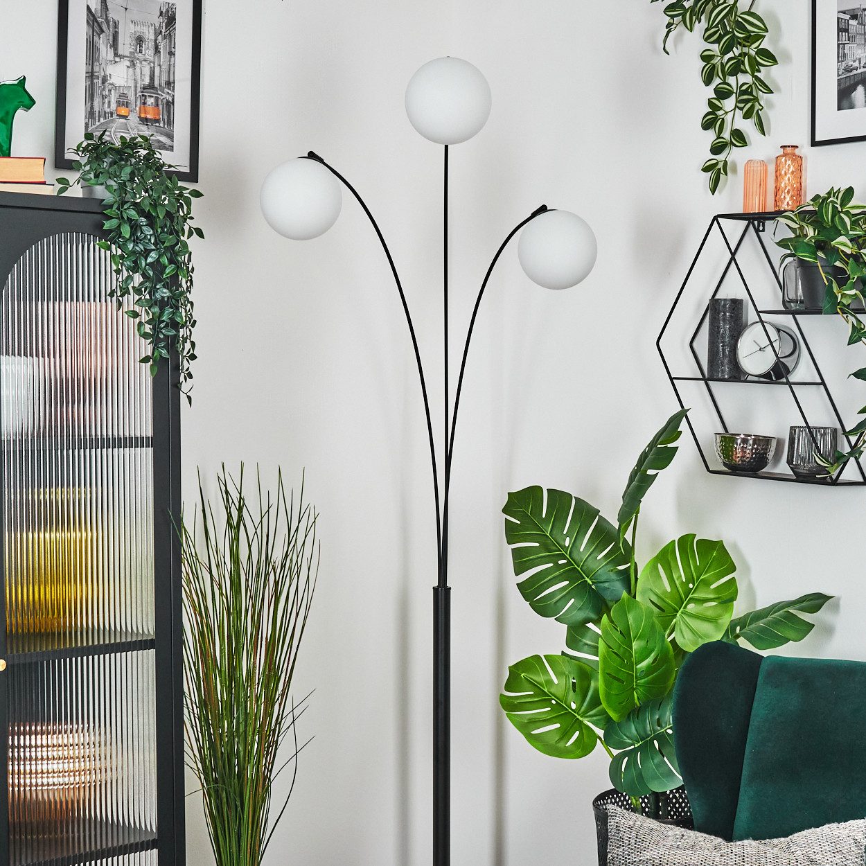 hofstein Stehlampe Stehlampe aus Metall/Milchglas in Schwarz/Weiß, verstellbare Stehleuchte im Vintage-Design, Fußschalter, 210 cm, 3xE14