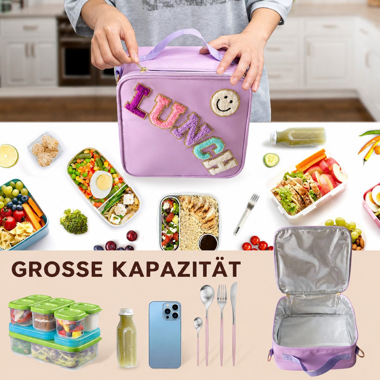 Diwzbyn Lunchbox Lunchbag Isoliert, Mit Verstellbarem Schulterriemen, Tragbar, Mit Folienfutter, Niedliches Design für Schule & Reisen – Bild 5 von 5