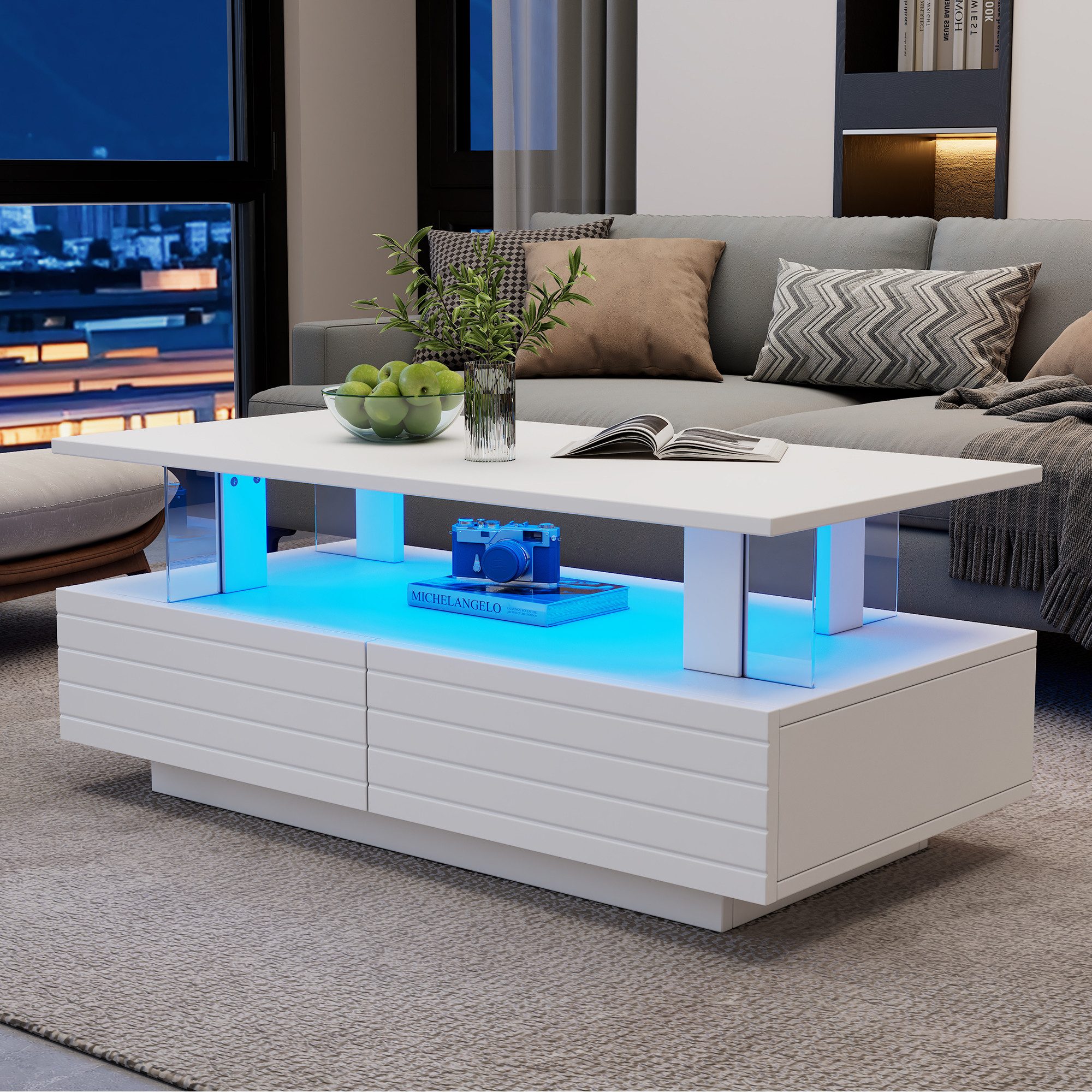 Merax Couchtisch Sofatisch mit 2 Schubladen & Stauraum (1-St., 1 Tisch), Wohnzimmertisch Sofatisch Beistelltisch mit LED-Beleuchtung inkl. APP – Bild 4 von 5