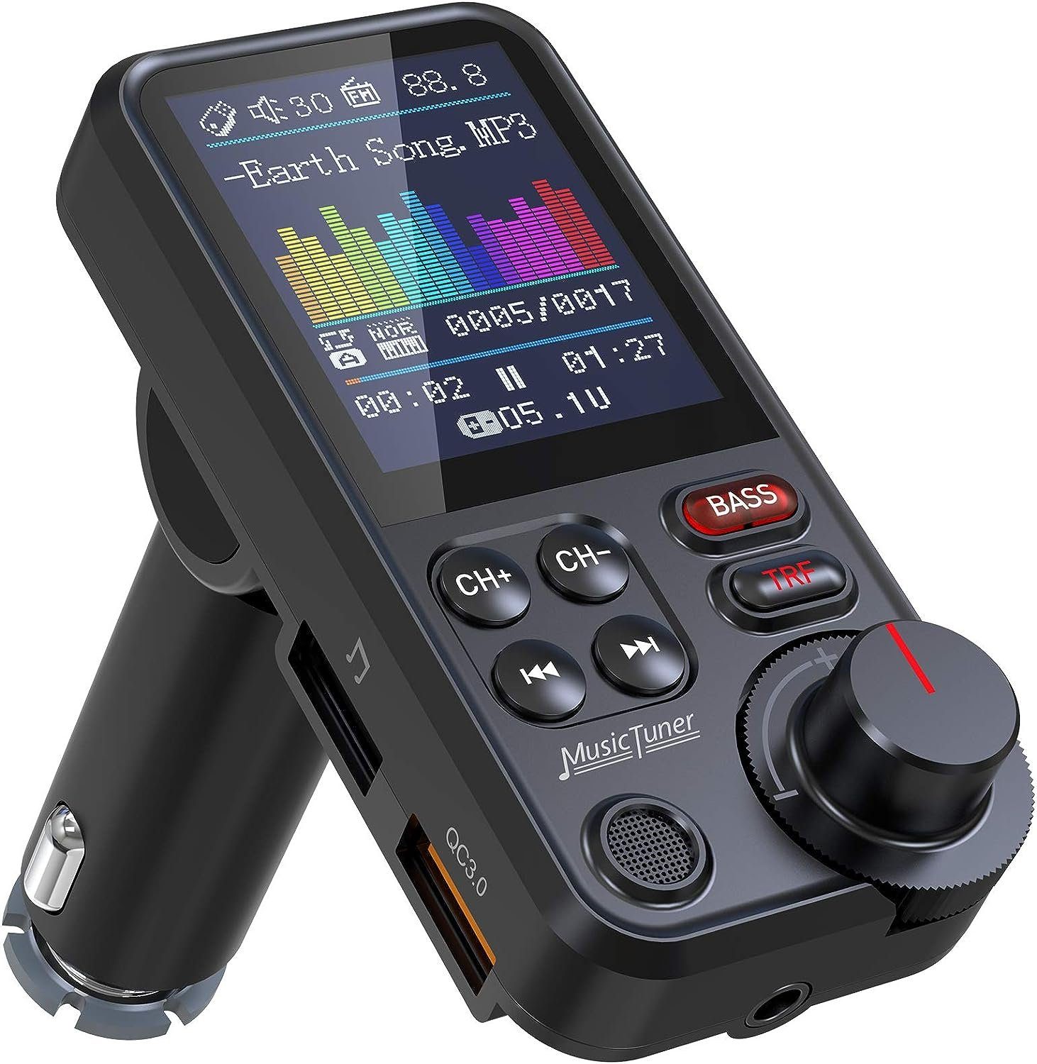 VSIUO Bluetooth Adapter Auto, Starkes Mikrofon FM Transmitter Bluetooth Auto-Adapter USB, mit 1,8-Zoll-Farbbildschirm, QC3.0-Lade, Höhen- und Bassmusik-Player
