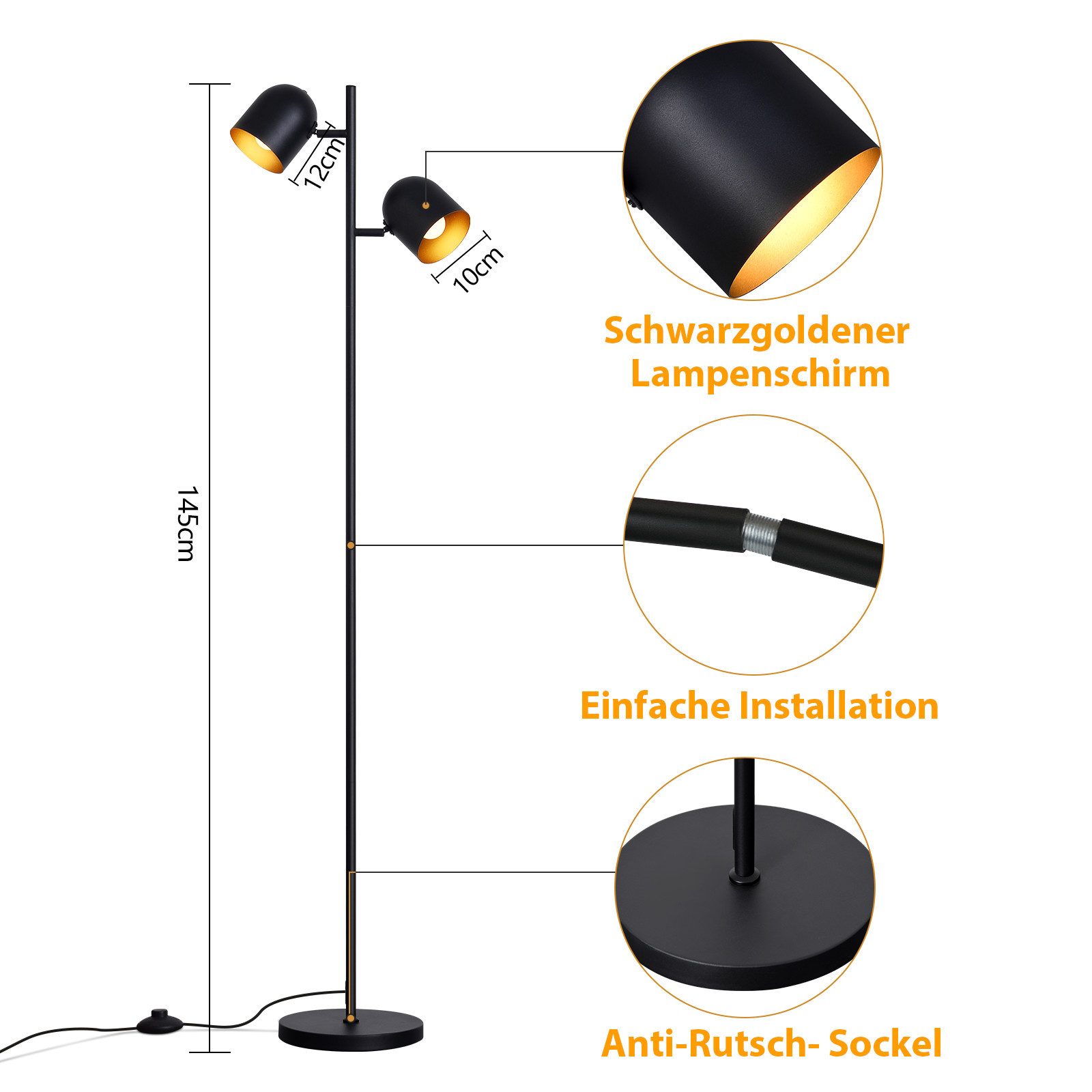Nettlife Stehlampe Wohnzimmer Schwarz Metall Industrielle Retro Leselampe 2 E14 Fassungen, 350° schwenkbar, ohne Leuchtmittel, Stehleuchte Leselampe Retro für Schlafzimmer Wohnzimmer