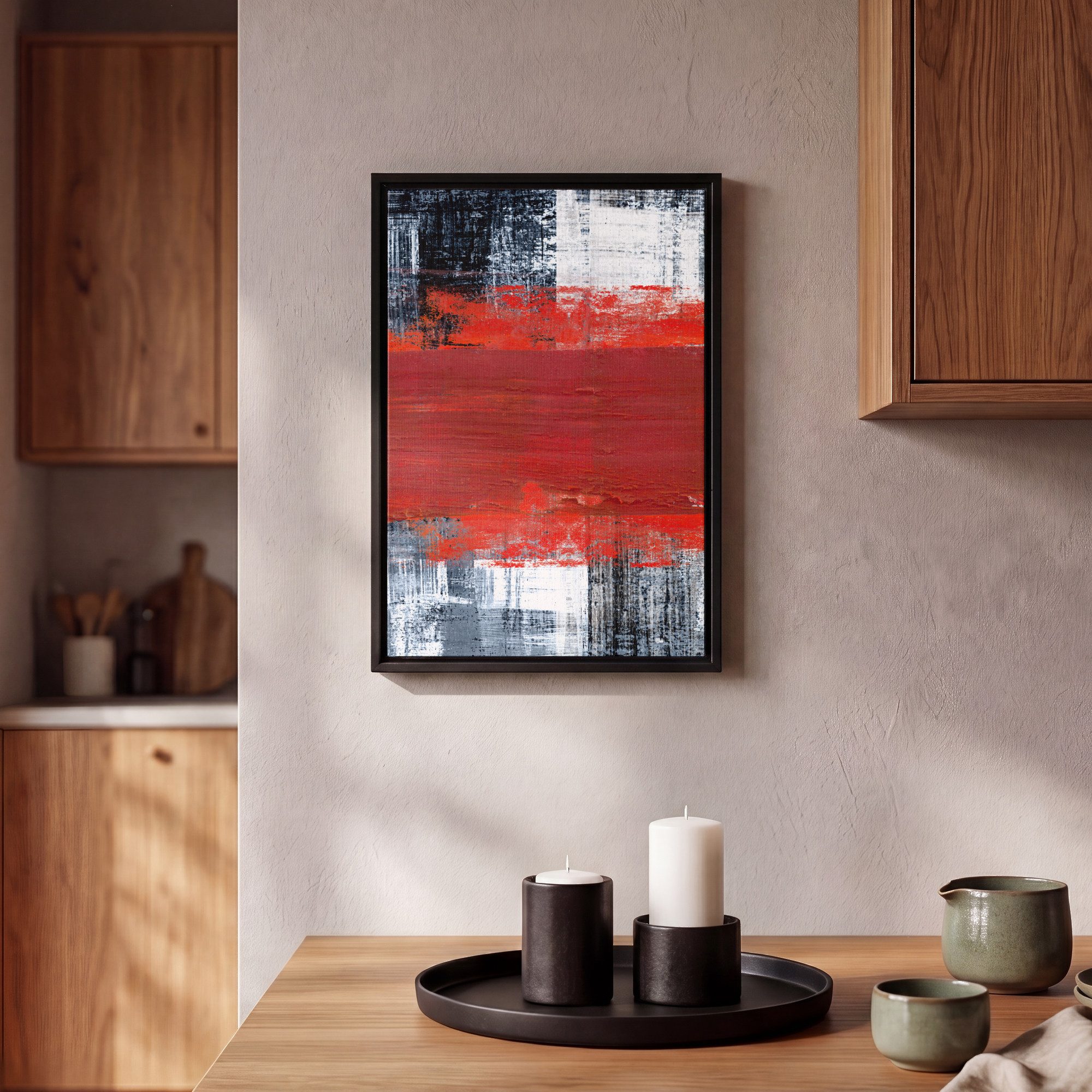 OneMillionCanvasses® Leinwandbild mit Rahmen - Kunstdrucke - Abstrakt - Rot - Öl, Fotodruck (1 St), Deko für Wohnzimmer Schlafzimmer Küche 20x30cm