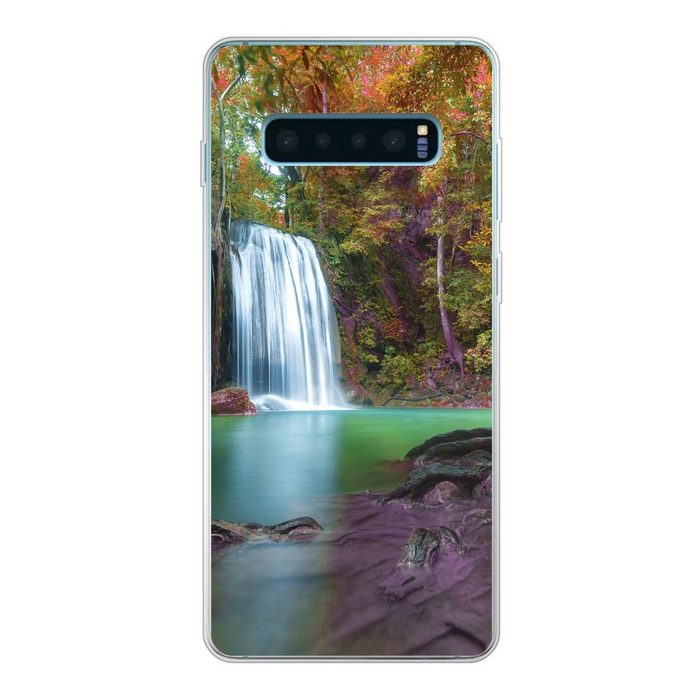 MuchoWow Handyhülle Bunte Blätter an einem Wasserfall im Erawan-Nationalpark in Thailand Phone Case Handyhülle Samsung Galaxy S10+ Silikon Schutzhülle