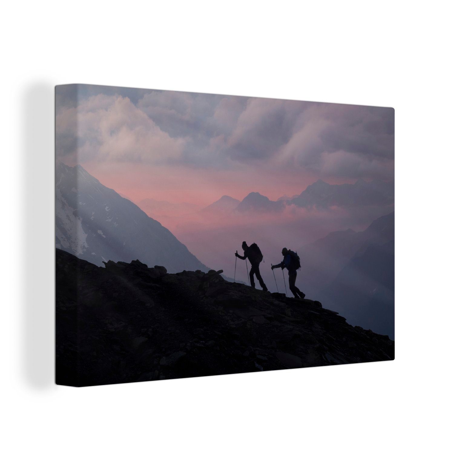 OneMillionCanvasses® Leinwandbild Zwei Bergsteiger besteigen einen Berg bei Sonnenaufgang, (1 St), Wandbild Leinwandbilder, Aufhängefertig, Wanddeko, 30x20 cm