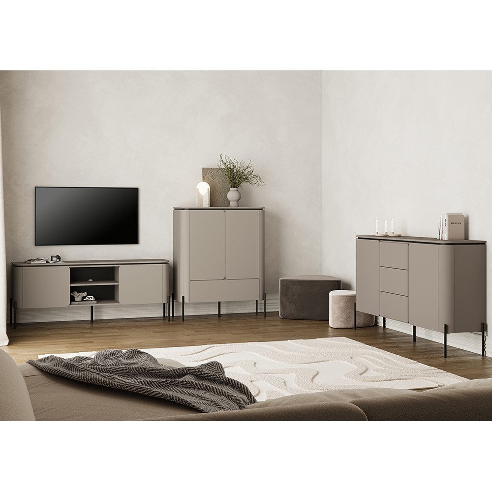Lomadox Wohnzimmer-Set BRONTE-83, (Mega-Spar-Set, 3-St., Sideboard Lowboard Highboard), in greige mit abgerundeten Fronten, grifflos, Push-to-Open
