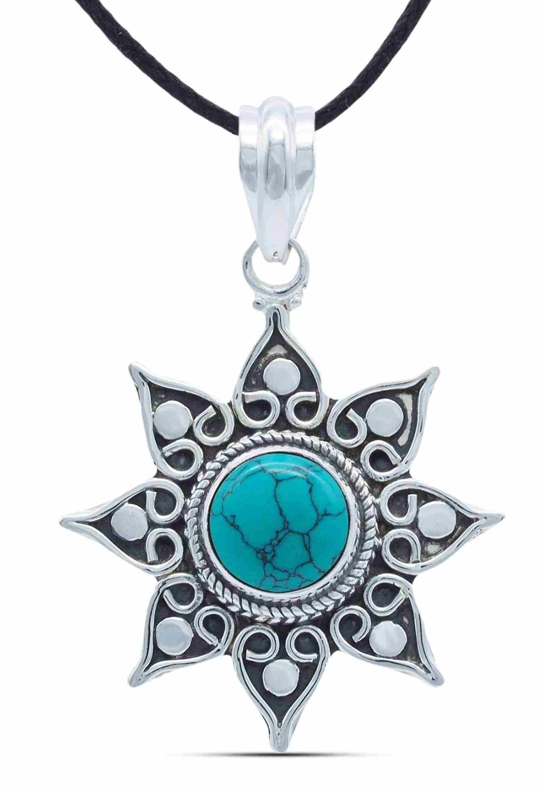mantraroma Kettenanhänger SUNA aus 925 Silber mit Türkis (Kettenanhänger am Baumwollband im Schmuckbeutel), 925 Sterling Silber Kettenanhänger für Damen