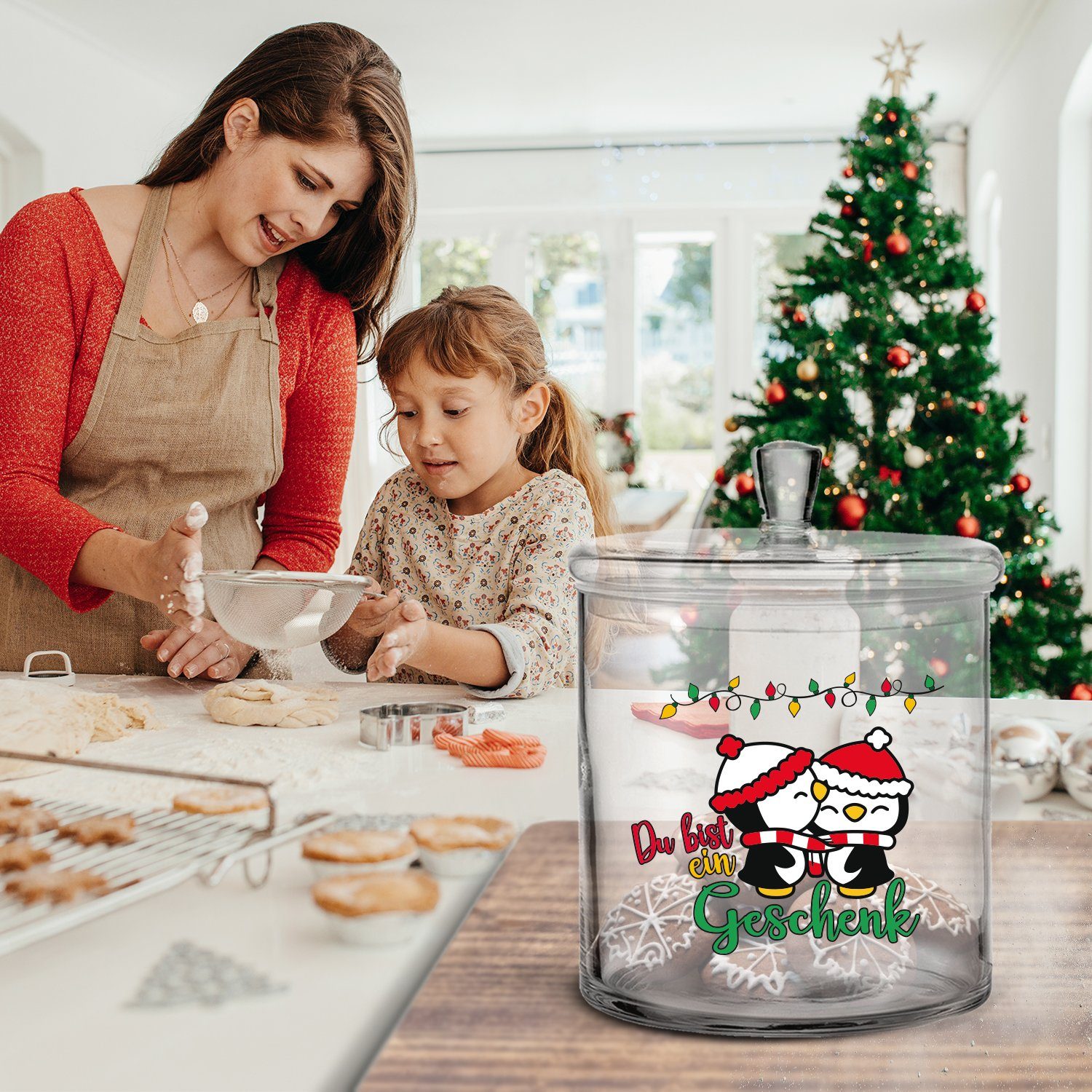 GRAVURZEILE Keksdose mit UV-Druck - Handgefertigte Partner, & Weihnachten Familie Du Glasdose bist - Deckel, ein Glas, Geschenk für Freunde luftdichtem mit zu Keksdose