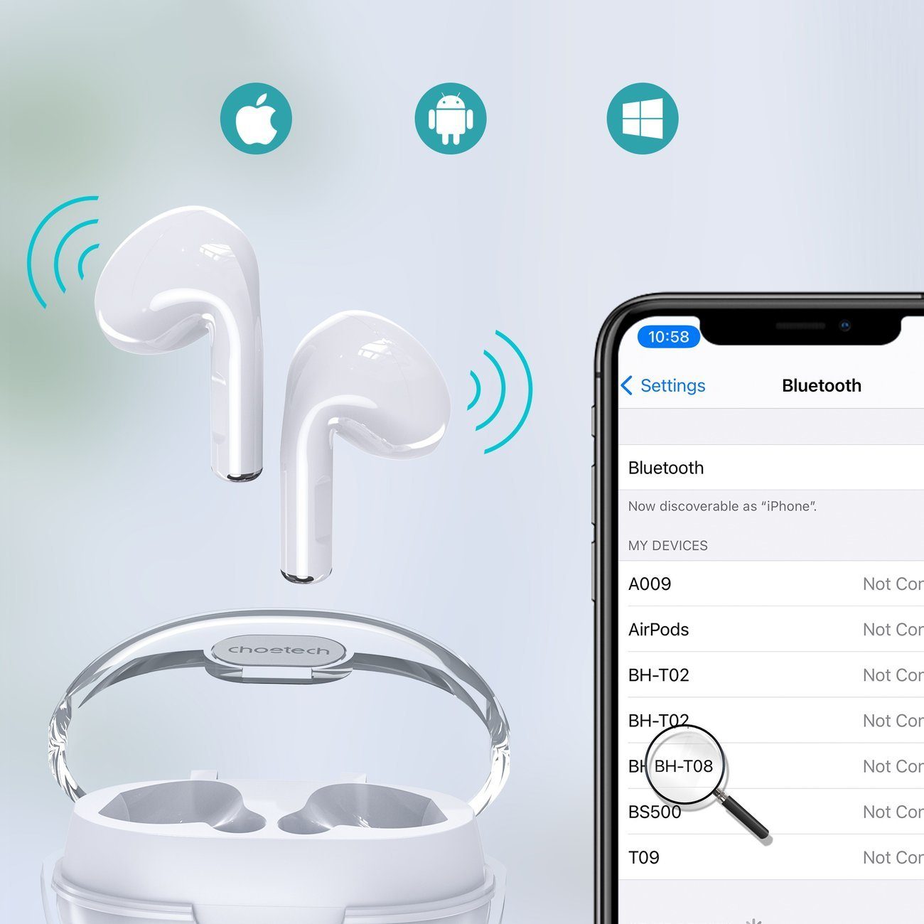 TWS kabellose Bluetooth, Kopfhörer (Bluetooth, Touch mit 5.1 weiß Musikmodus: 4h) BT Bluetooth ca. Choetech Control, Ladekoffer Choetech Bluetooth-Kopfhörer