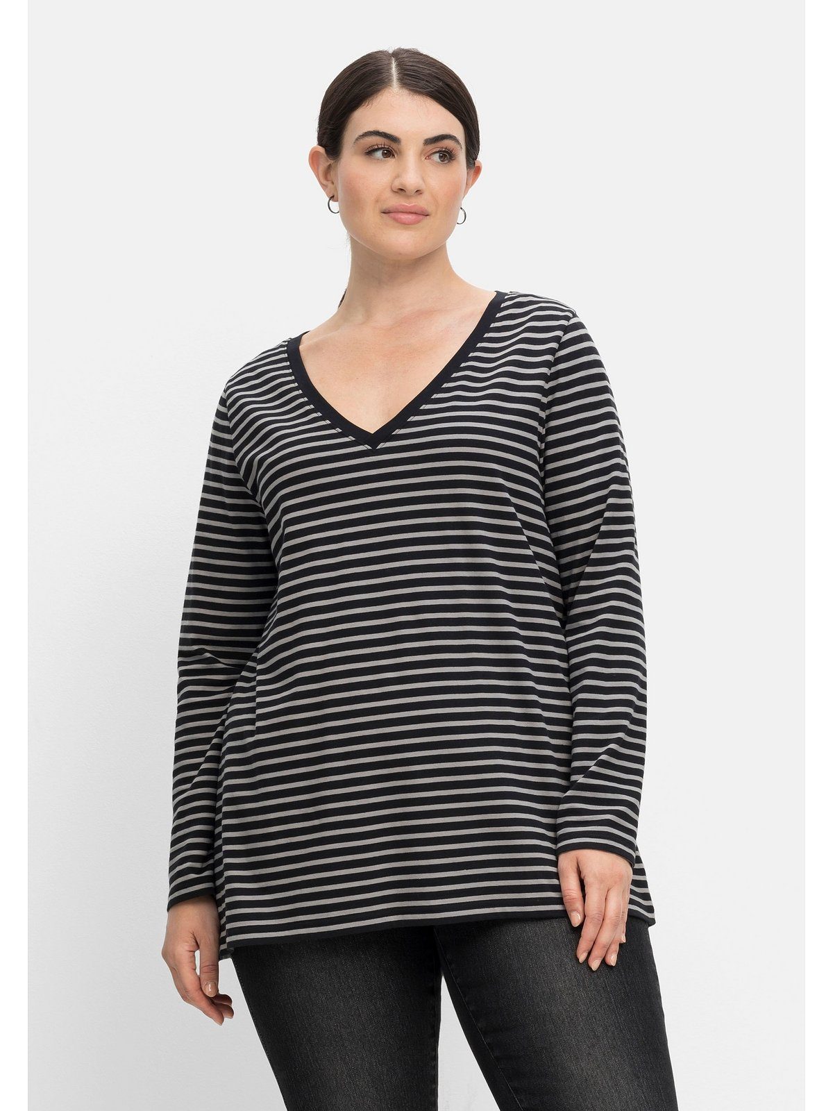 Set, Layering-Look Sheego 2-in-1-Shirt im gestreift Große schwarz als Größen