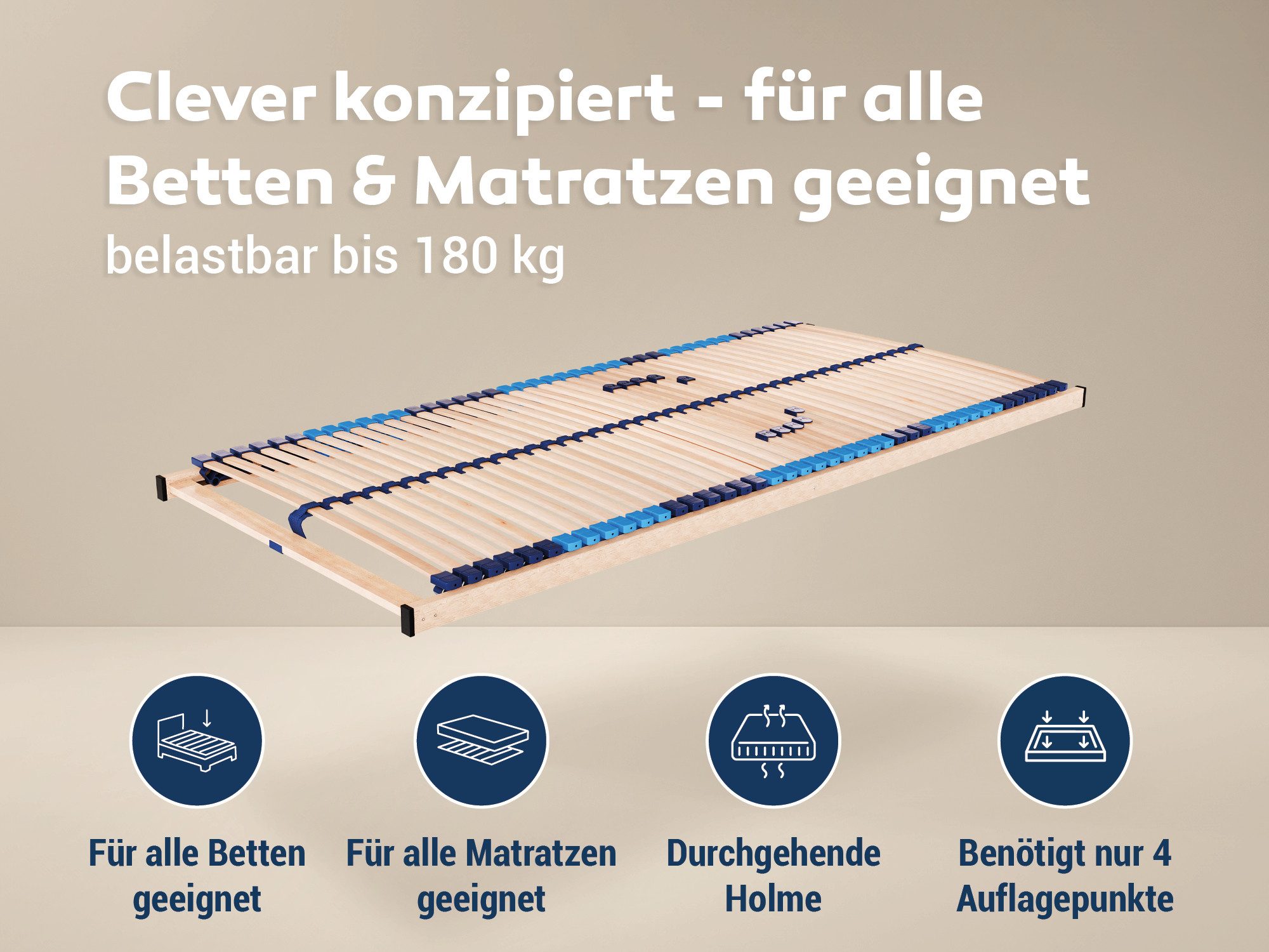 Lattenrost Superflex NV–7-Zonen-Lattenrost zur Selbstmontage 90x200cm, 140x200cm, Betten-ABC, Kopf- und Fußteil nicht verstellbar, besondere Langlebigkeit, stabil