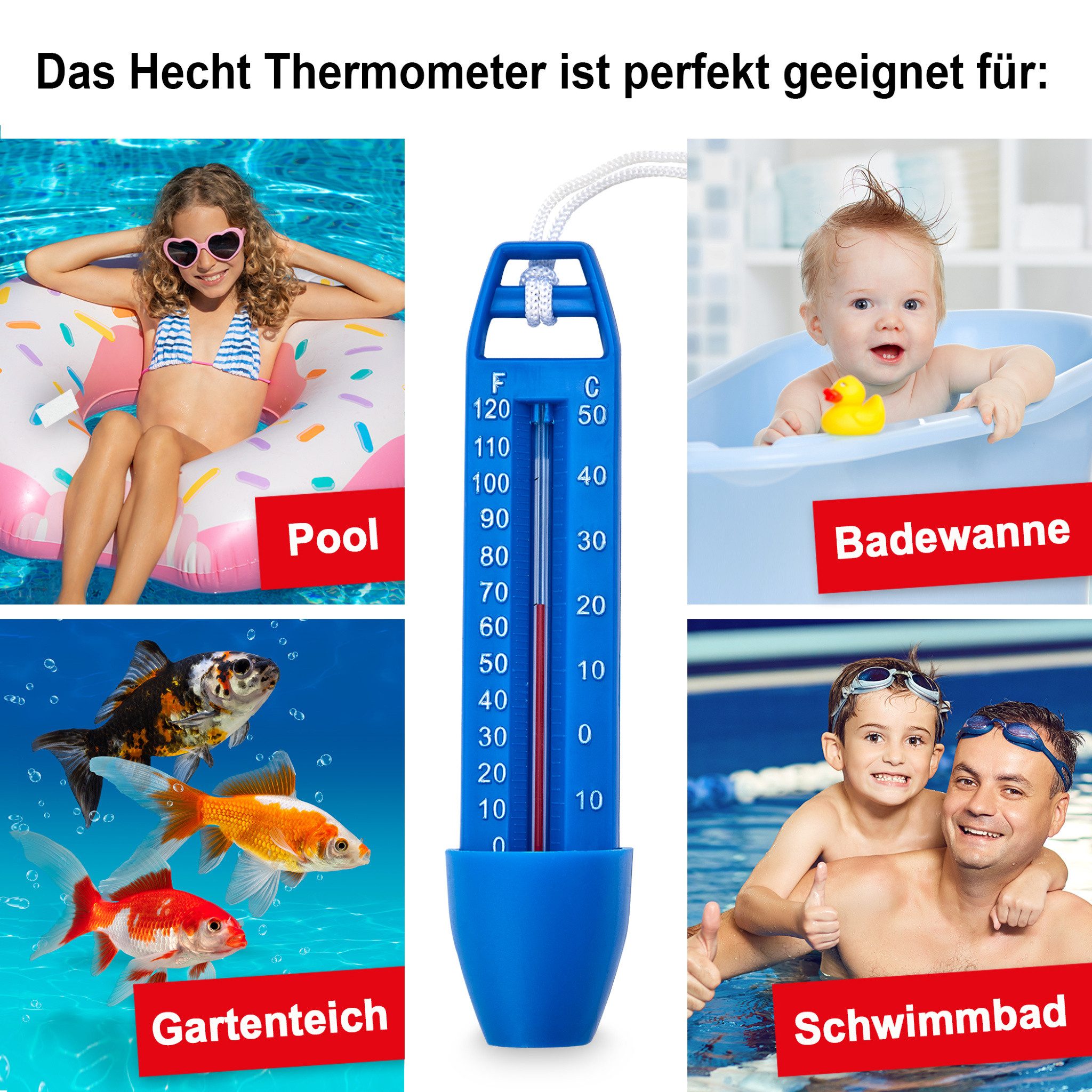 Hecht Badethermometer 060501 Celsius 0-50°C Fahrenheit 0-120°F, für Pool, Spa, Whirlpool, Badewanne, Teich