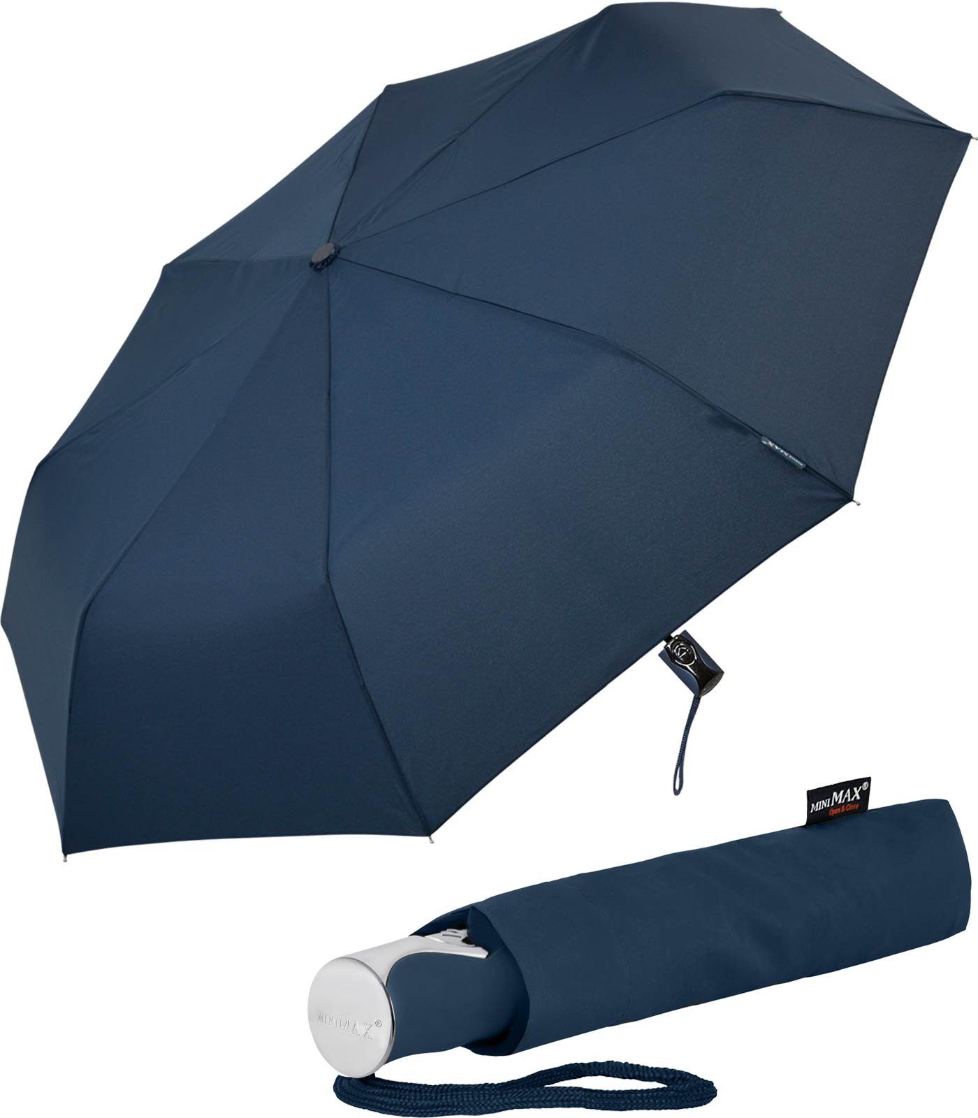 Impliva Taschenregenschirm miniMAX® mit Auf-Zu-Automatik windsicher uni, der zuverlässige Begleiter navy