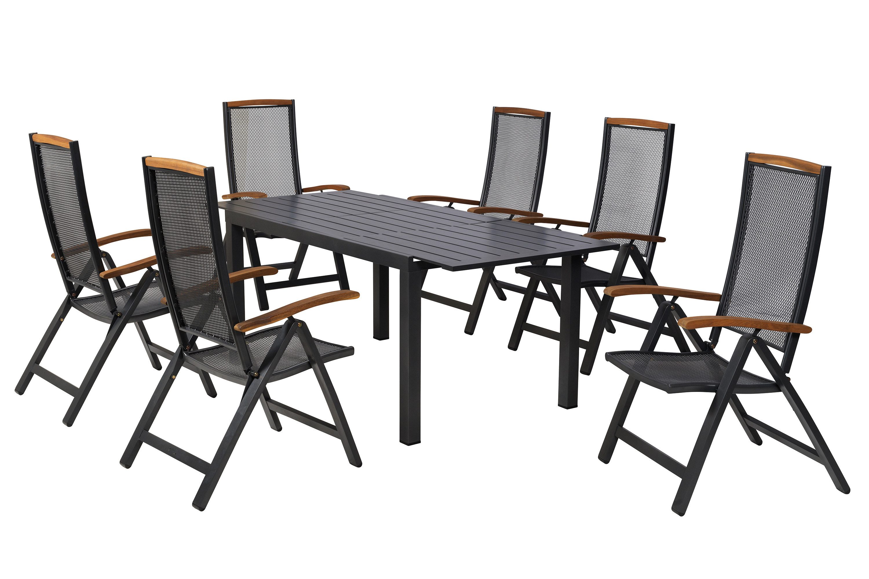 MERXX Garten-Essgruppe Tilos, (Set, 7tlg), 6 Klappsessel mit verstellbarer Rückenlehne, Ausziehtisch, Aluminium