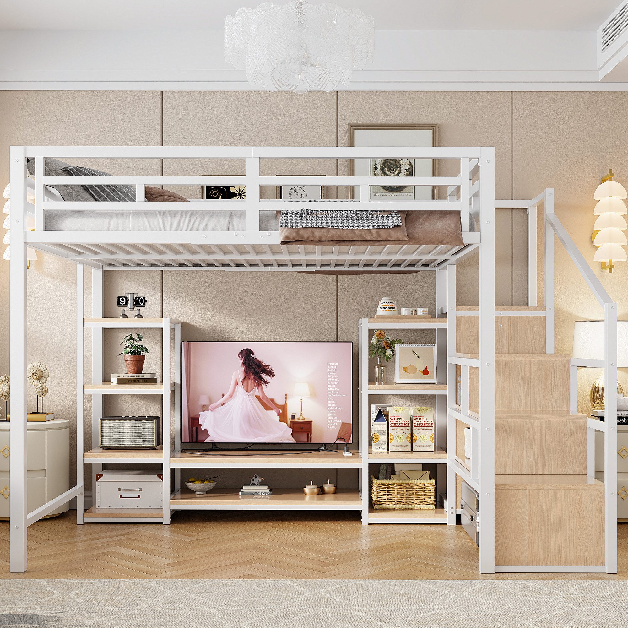 Flieks Hochbett Kinderbett 140x200cm mit TV-Ständer, Steckdose und Stauraumtreppe