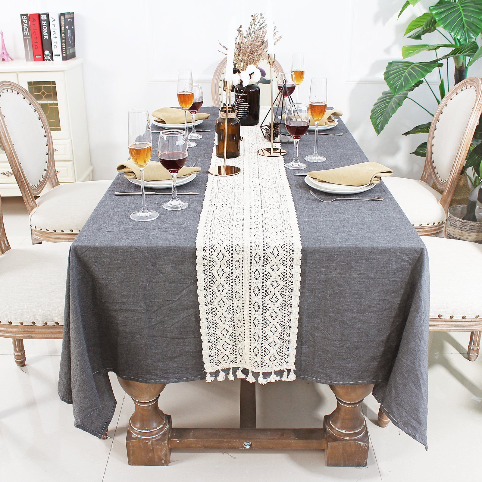 Rosnek Tischläufer Vintage, Baumwolle, Boho-Stil, für Restaurant Ländliche (1-tlg), Quastenspitze, Einweihungsgeschenk Haus Party Deko