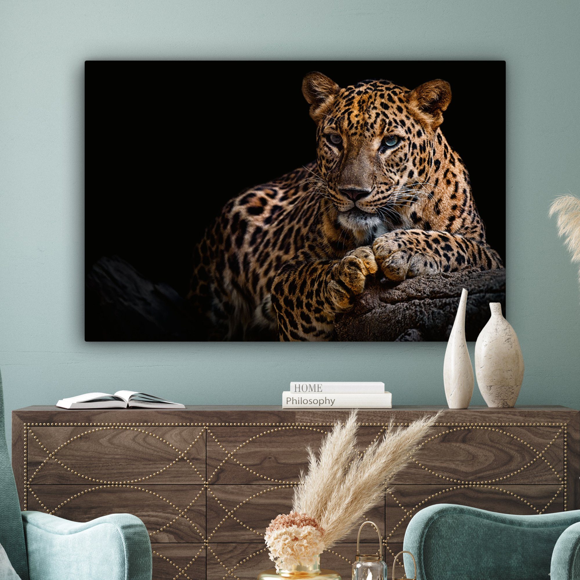Gemälde, Schwarz Leinwandbild - Wohnbereiche, - - großes, Porträt XXL, für Panther Wildtiere - (1 120x80 Tiere, alle Wandbild cm St), OneMillionCanvasses®