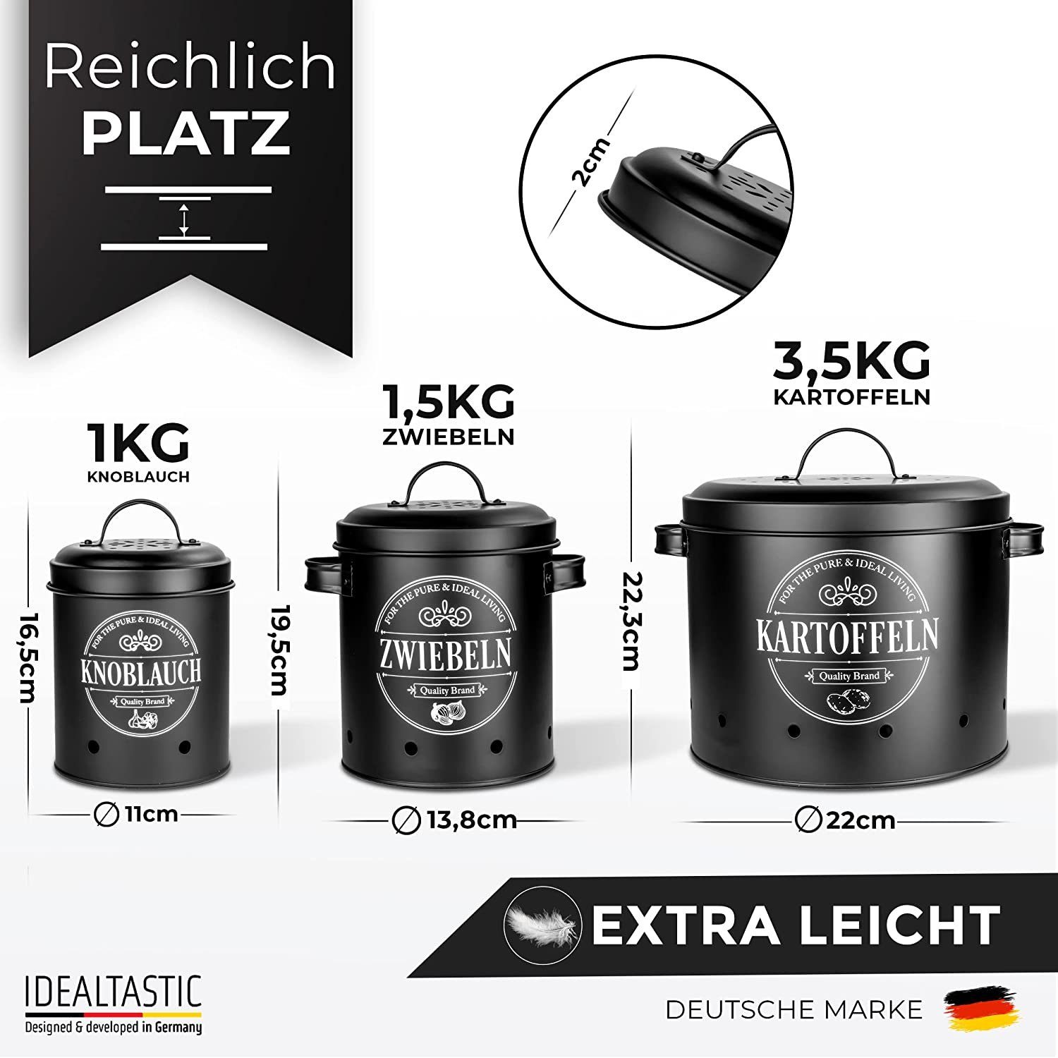 IDEALTASTIC Vorratsdose Premium Kartoffel Aufbewahrung, Zwiebel, Knoblauch Aufbewahrungsbox, Legirter Stahl, langlebig, Extra leicht, (Set, 3-tlg., 3-teiliges S – Bild 3 von 5