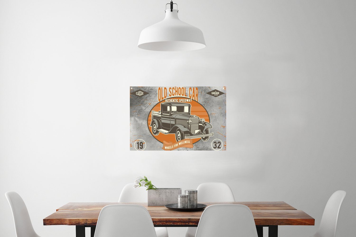 MuchoWow Poster Mancave - Auto - Orange - Grau - Vintage, (1 St), Poster, Wandbild, Wandposter für Wohnzimmer, Ohne Rahmen