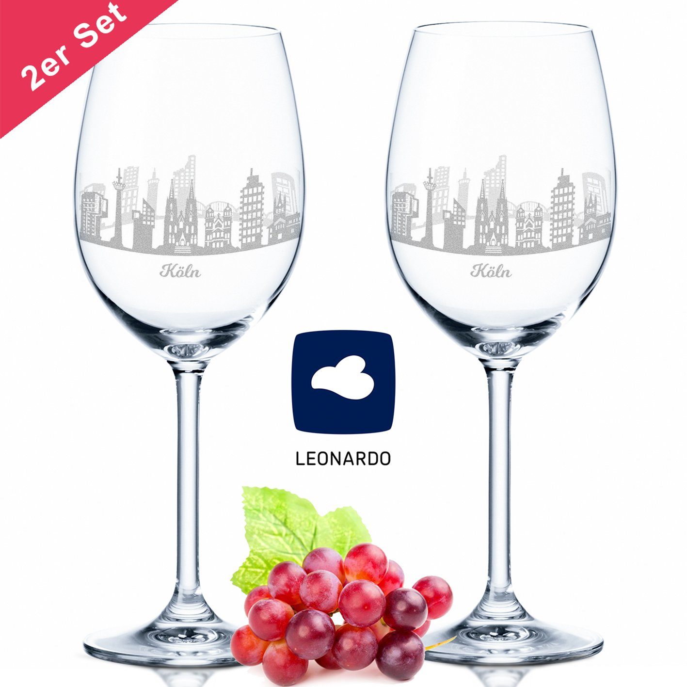 GRAVURZEILE Rotweinglas Leonardo Weinglas 2er Set mit 360° Gravur - Skyline Köln, Glas, graviertes Geschenk als Souvenir, Andenken & Mitbringsel