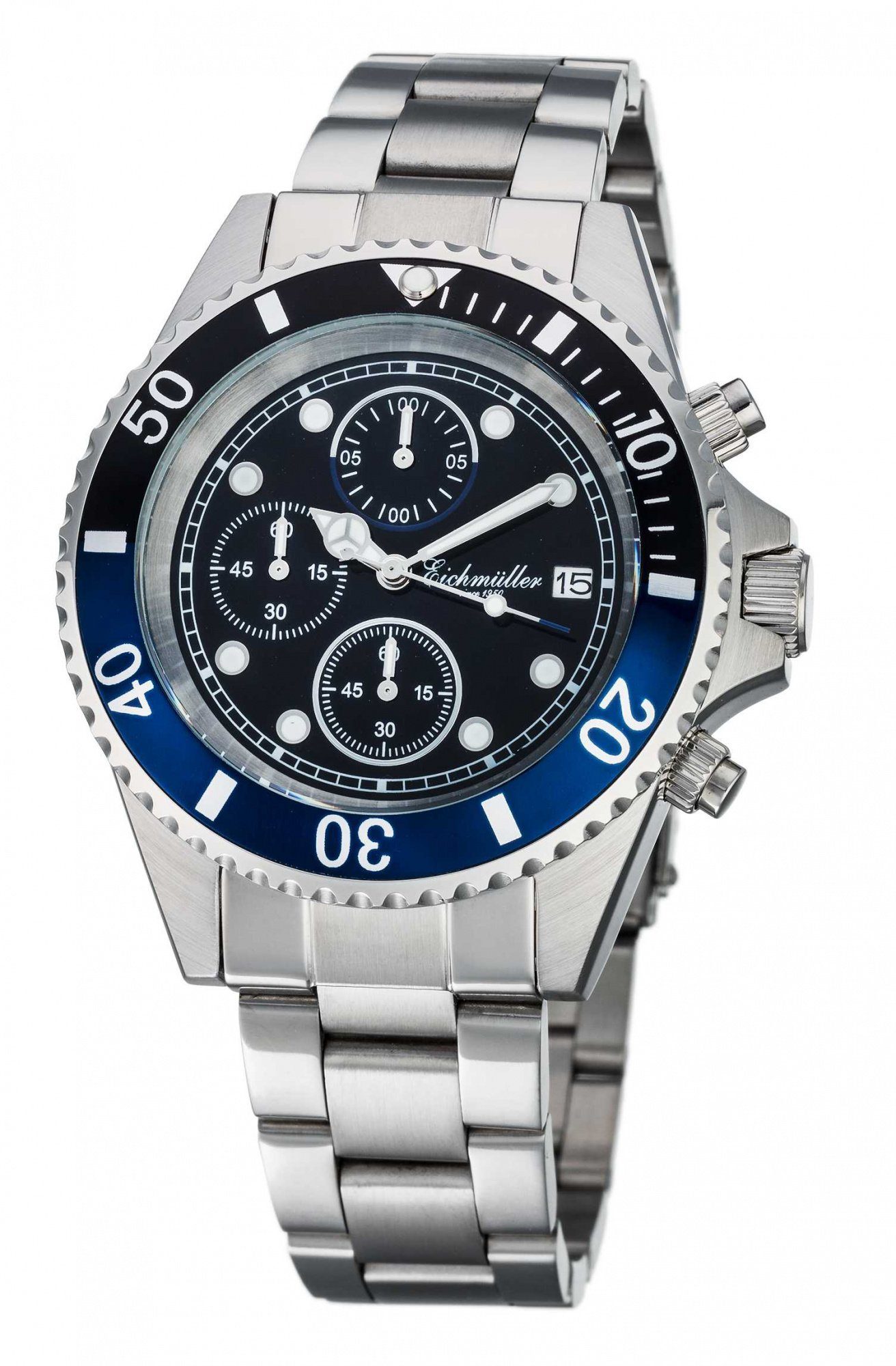 Eichmüller Chronograph Herrenuhr, Taucheruhr mit Edelstahlband, Schwarz-Blau, 3466-01, 43 mm, 10 ATM wasserdicht, robust und präzise