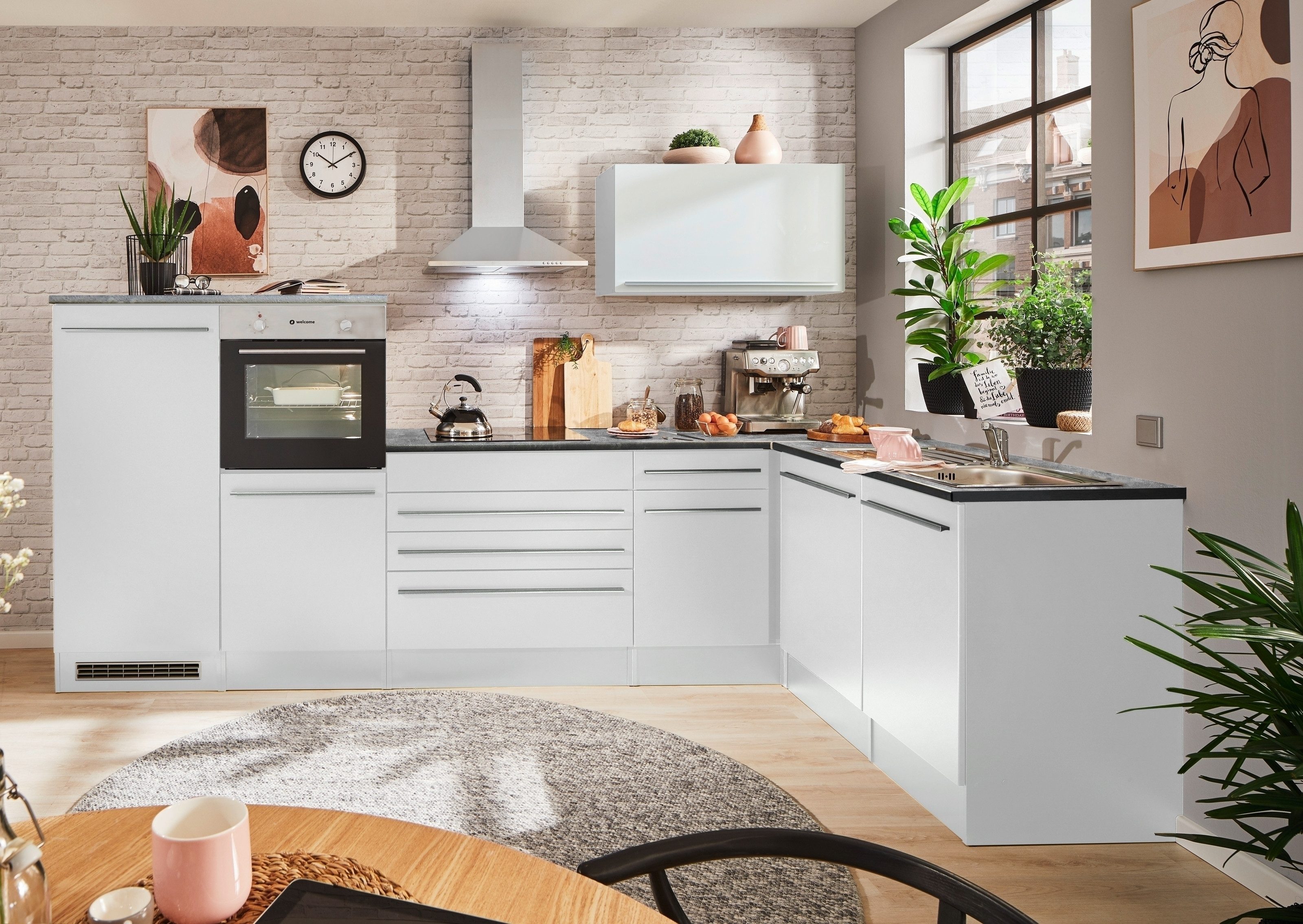 BEGA BBK Küche L-Küchenzeile ohne Elektrogeräte in Weiß HGL - 320x200x60 cm (B/H/T)