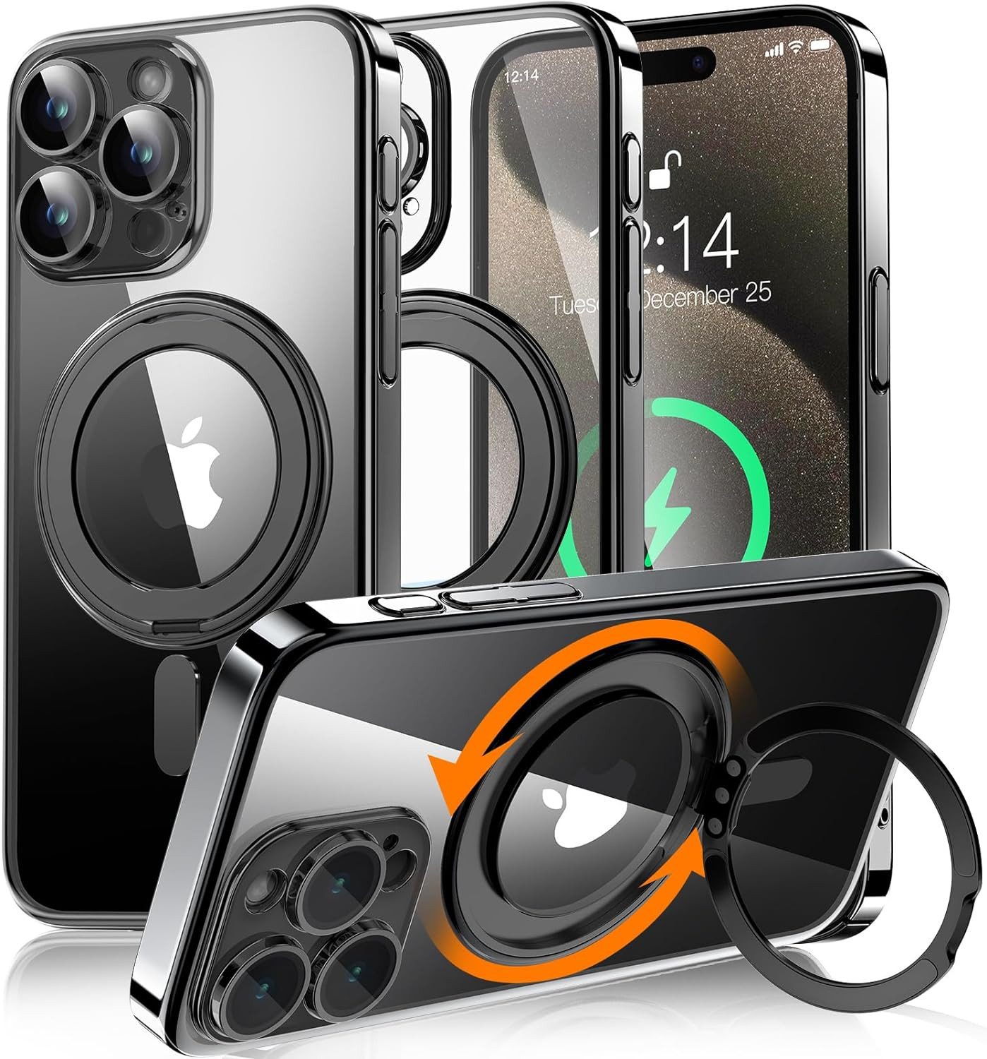 Vivitar Handyhülle iPhone 15 Pro Max Hülle mit MagSafe und Integriertem 9H Kameraschutz 15,5 cm (6,1 Zoll), 360° Magnet Ringständer, MagSafe kompatibel, Transparent und Dünn