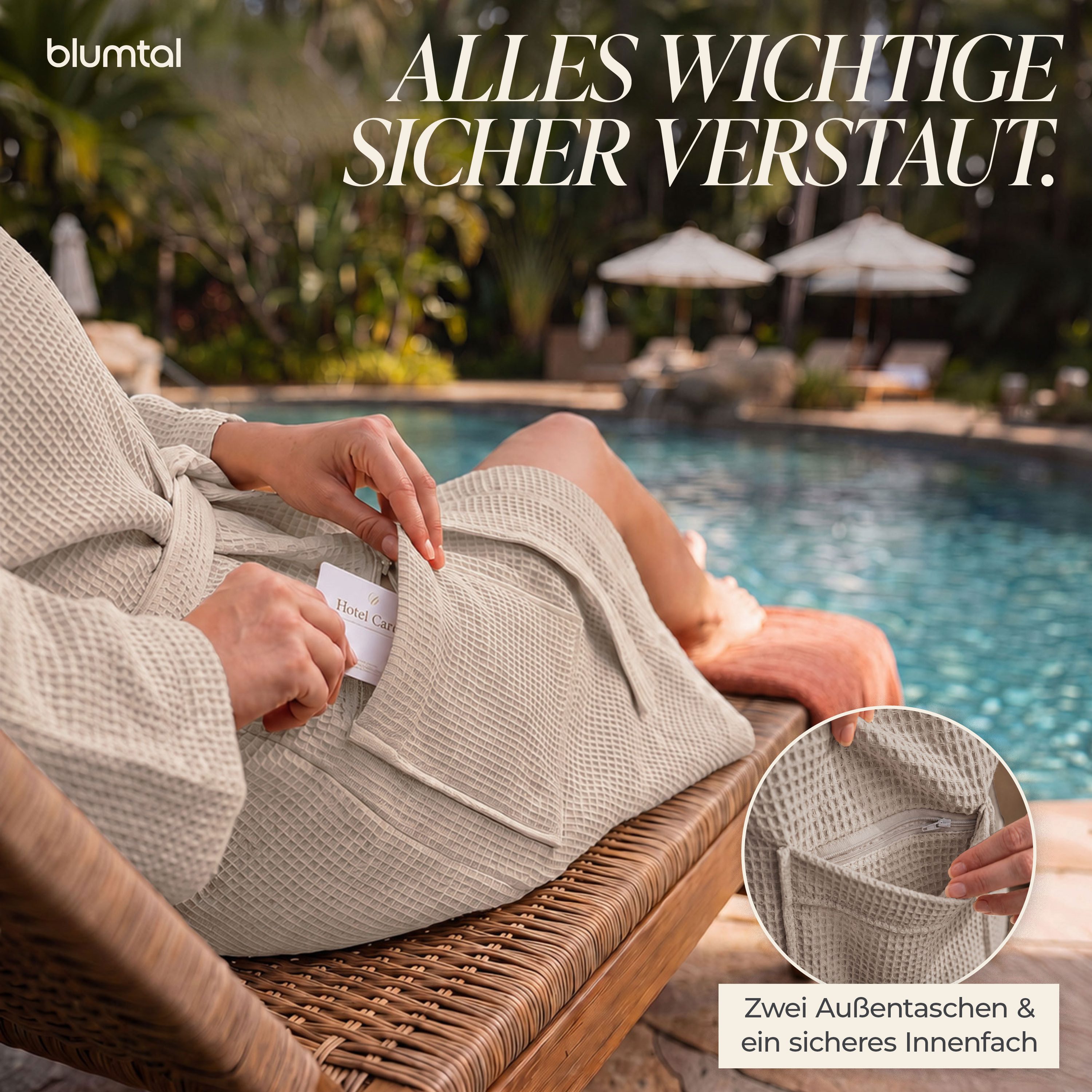 Blumtal Bademantel Waffelpique - Unisex Bademantel - Zertifizierter Bademantel, 2 Außentaschen, mit Reißverschlusstasche, Damen & Herren - Saunamantel inkl. Rei – Bild 5 von 5