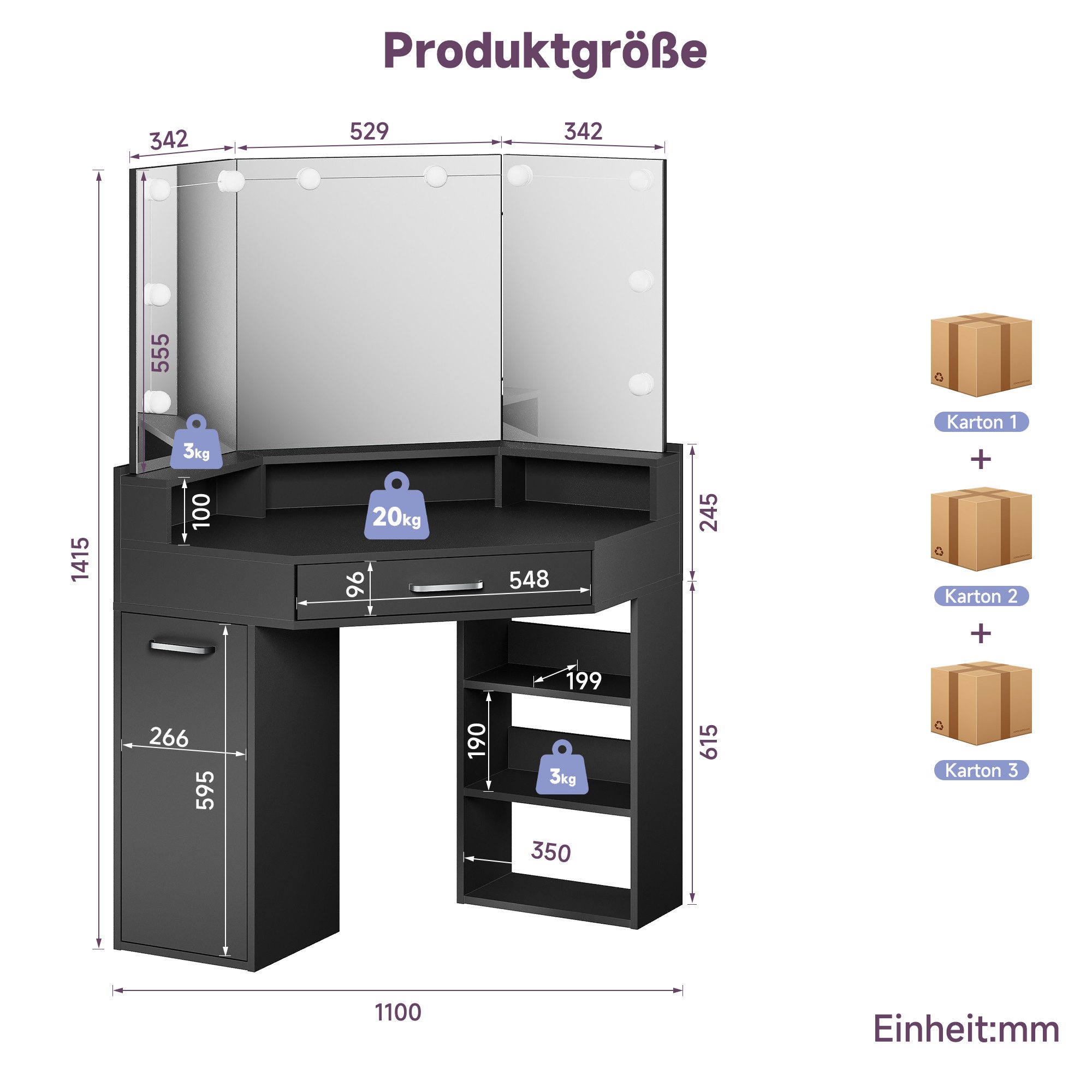 SONNI Schminktisch Schminktisch mit LED-Beleuchtung/ohne LED, Weiß & Schwar günstig online kaufen