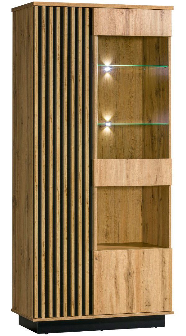 Feldmann-Wohnen Vitrine Lamia (mit Glaseinsatz, Dekoration & Beleuchtung, 1-St., Kunststoffgriffe in schwarz, Front mit dekorativen Lamellen) 90cm Wotan Eiche schwarz 2 Türen, innen 6 Holzböden & 2 Glasböden