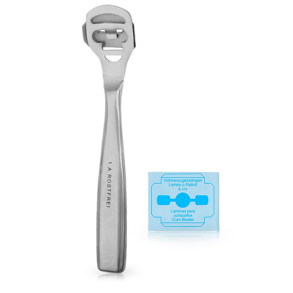 May Fußraspel Hornhauthobel inkl. 10 Klingen - rostfreier Edelstahl