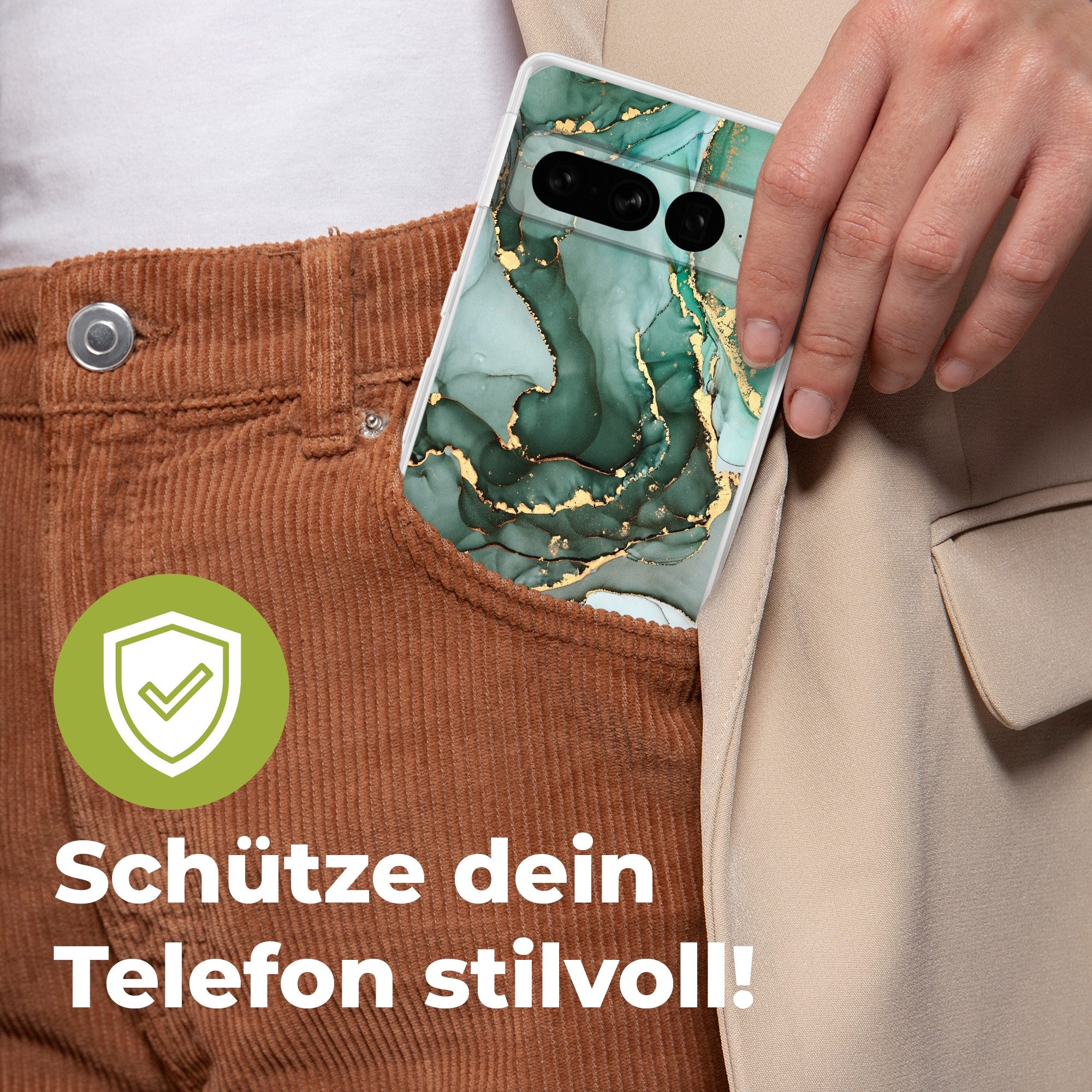 MuchoWow Handyhülle für Google Pixel 7 Pro Gold - Marmor - Grün - Luxus - Marmoroptik - Gr, Phone Case, Silikon, Schutzhülle Dünn