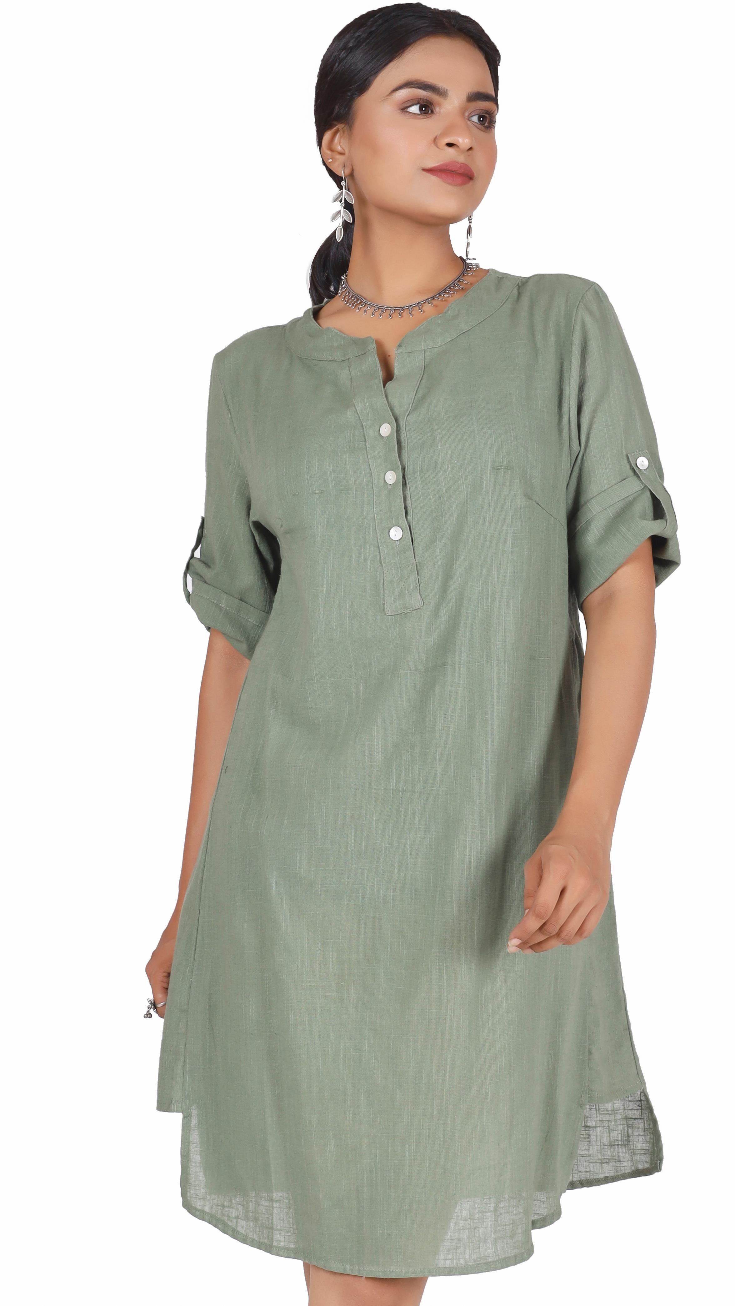 Guru-Shop Longbluse Lange Hemd-Tunika olivgrün Bekleidung Blusentunika, Baumwoll alternative 