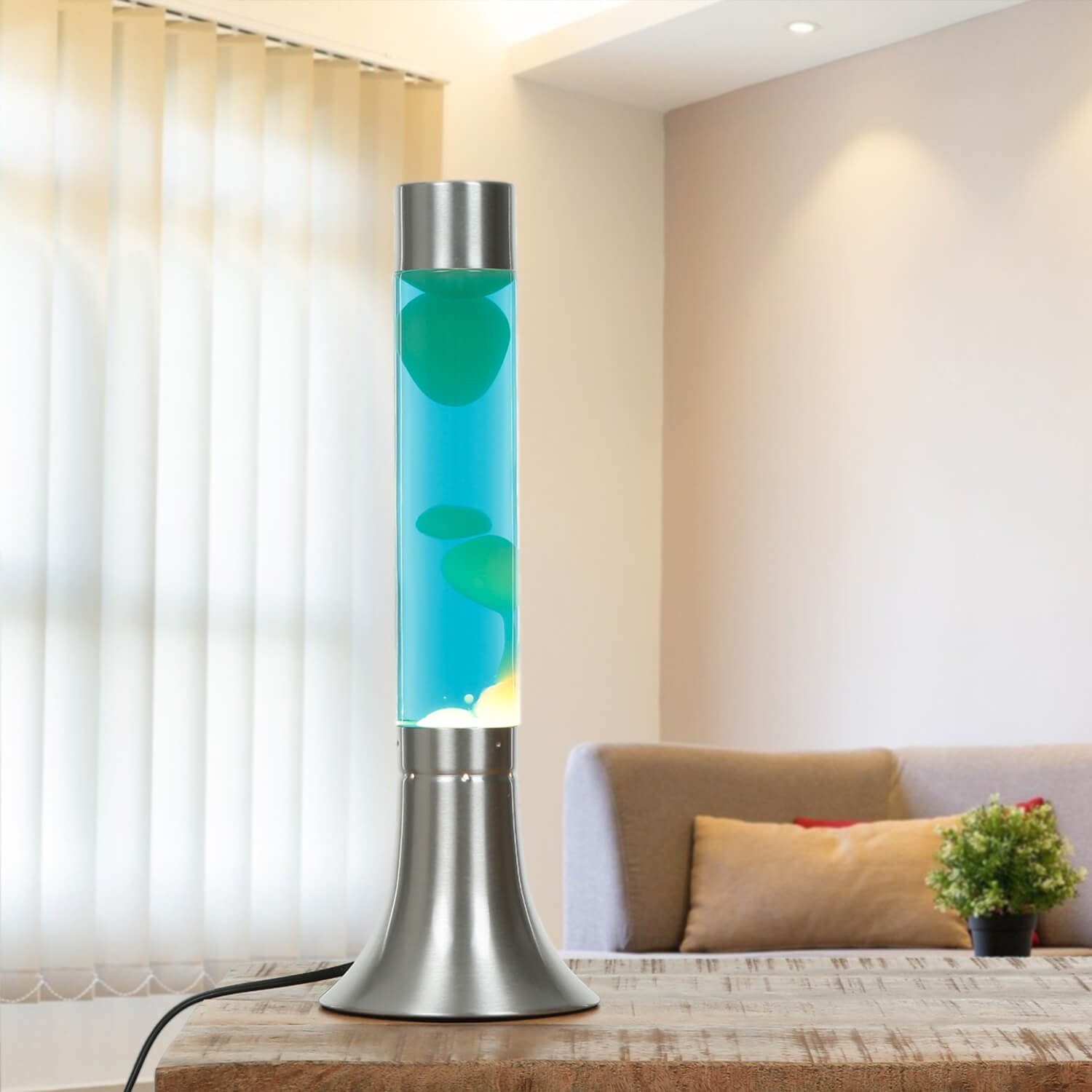 Blau YVONNE, Design hoch 38 Lampe cm Licht-Erlebnisse Retro Lavalampe Kabelschalter Tischleuchte