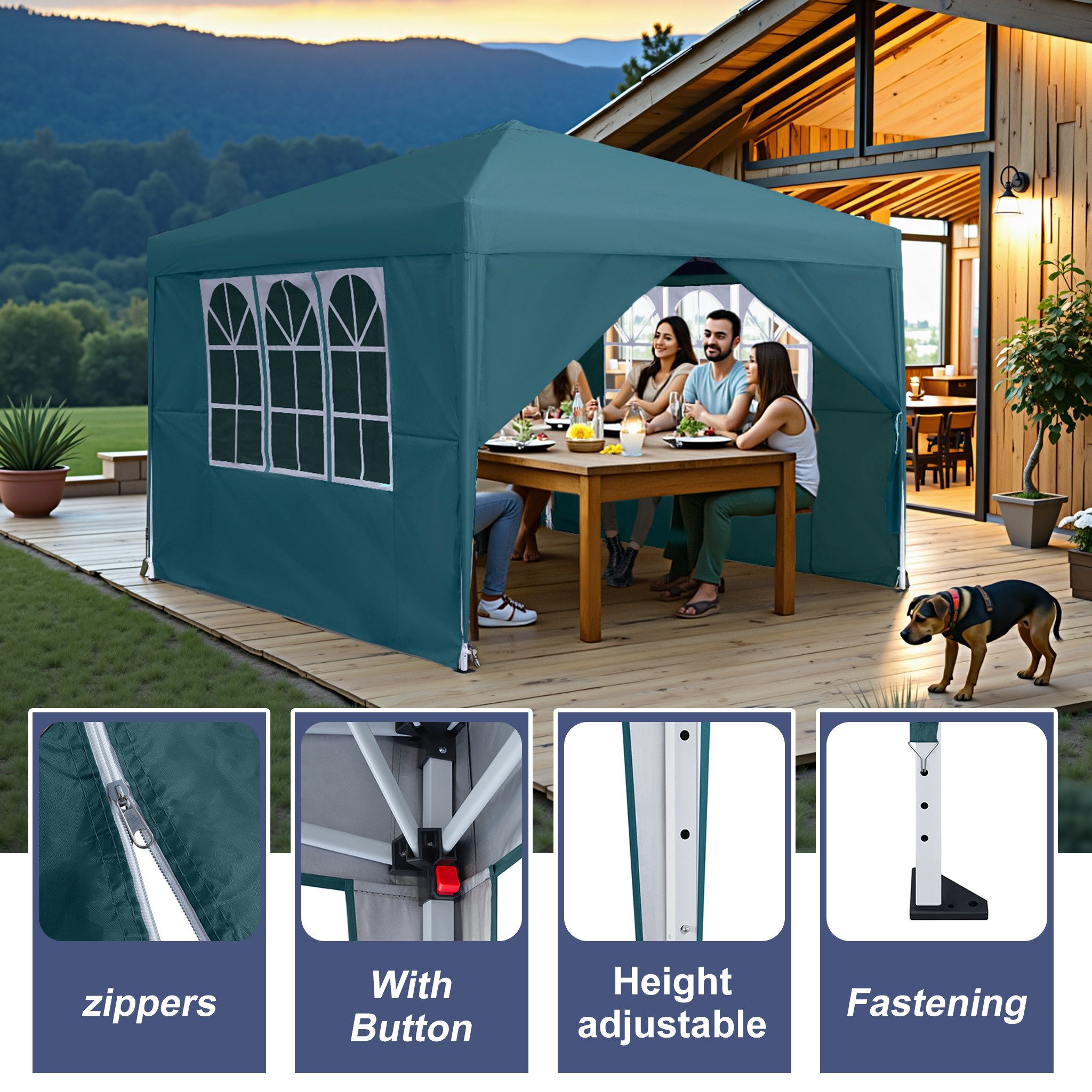 FIVMEN Partyzelt 3x3m Faltpavillon Gartenpavillon mit 4 Seitenteilen und Fenstern