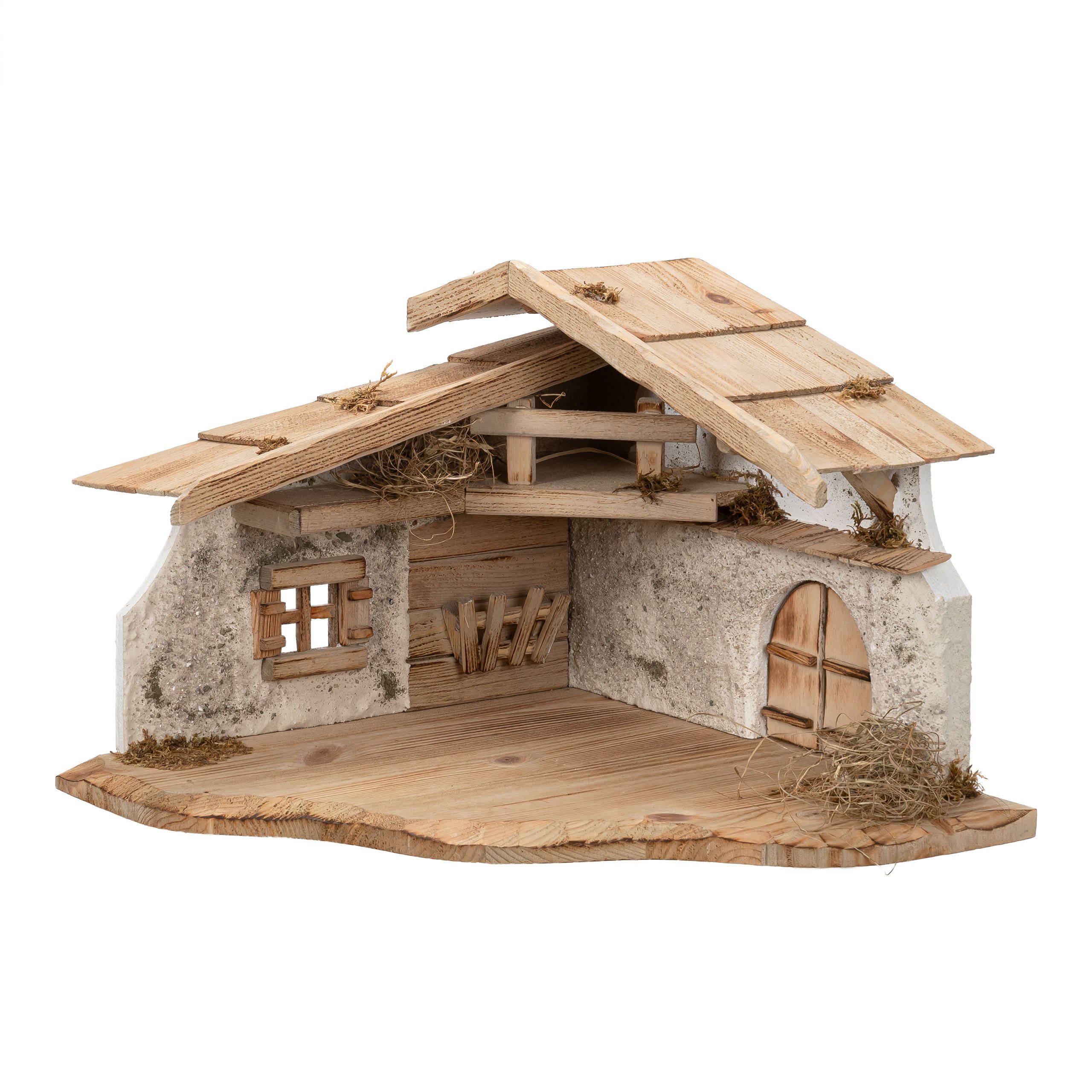 kamelshopping Krippe Große Weihnachtskrippe, aus Holz und Gips gefertigt, mit Moos, Steinen und Stroh geschmückt, sehr detailreiche Krippe