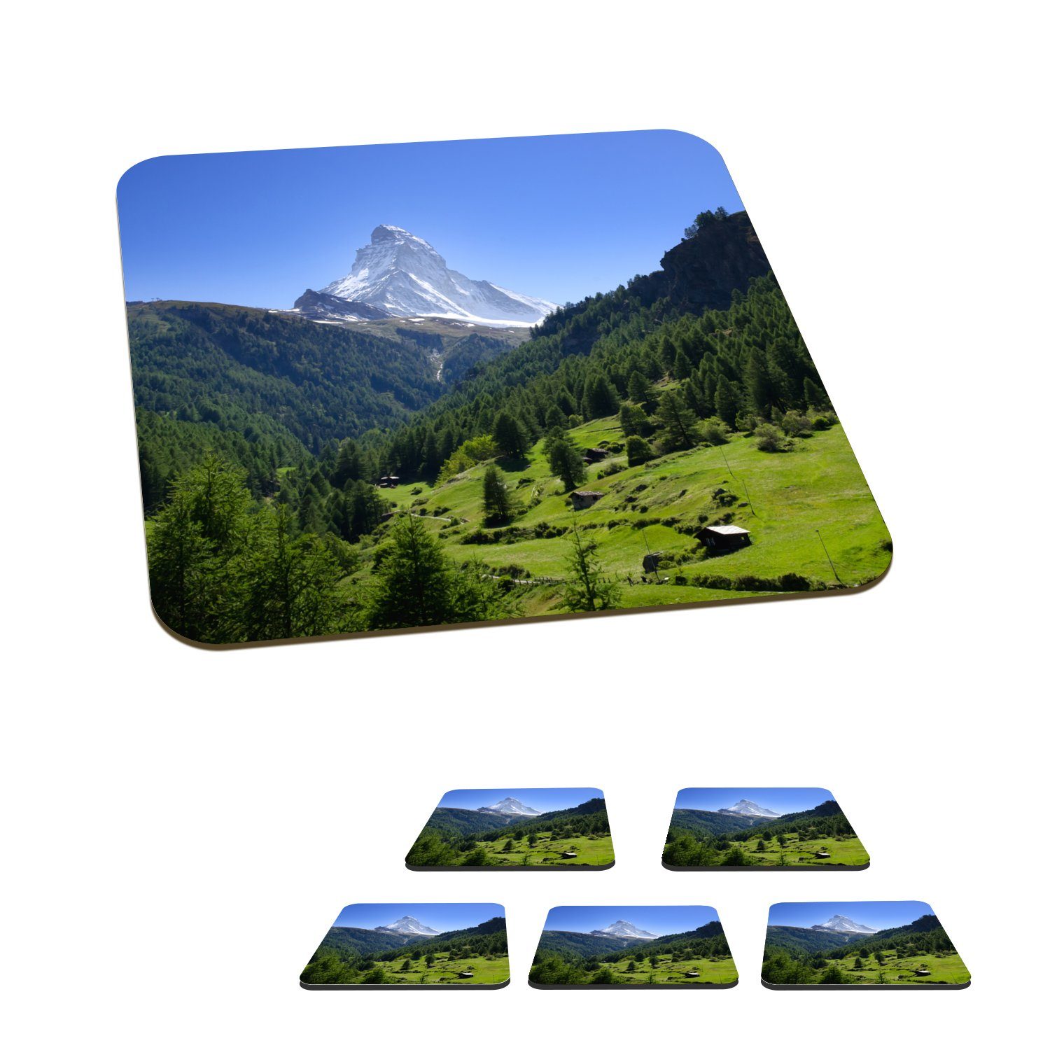 Matterhorn Schweizer Gläser, im grünen MuchoWow Zubehör 6-tlg., Tischuntersetzer, Bäumen, Glasuntersetzer, Glasuntersetzer für mit Untersetzer, Tasse Korkuntersetzer, Alpen